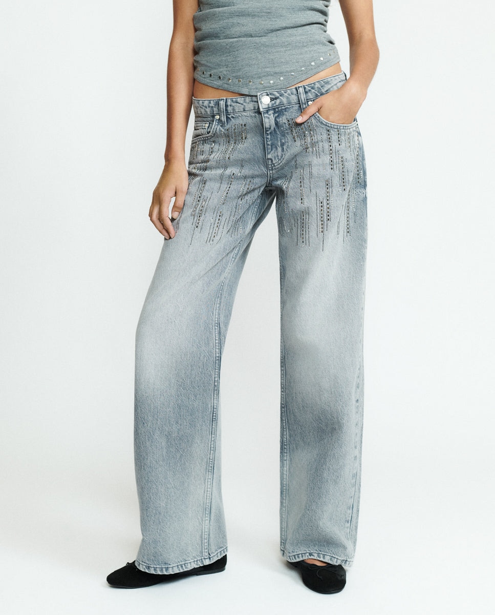 Jeans Largos com Brilhantes Cinzento-3