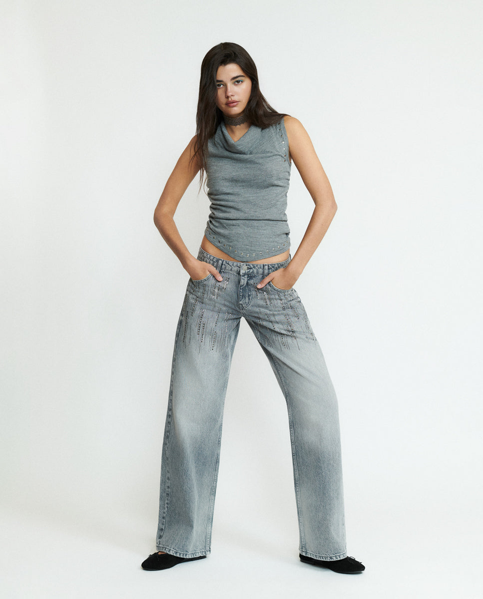 Jeans Largos com Brilhantes Cinzento-4