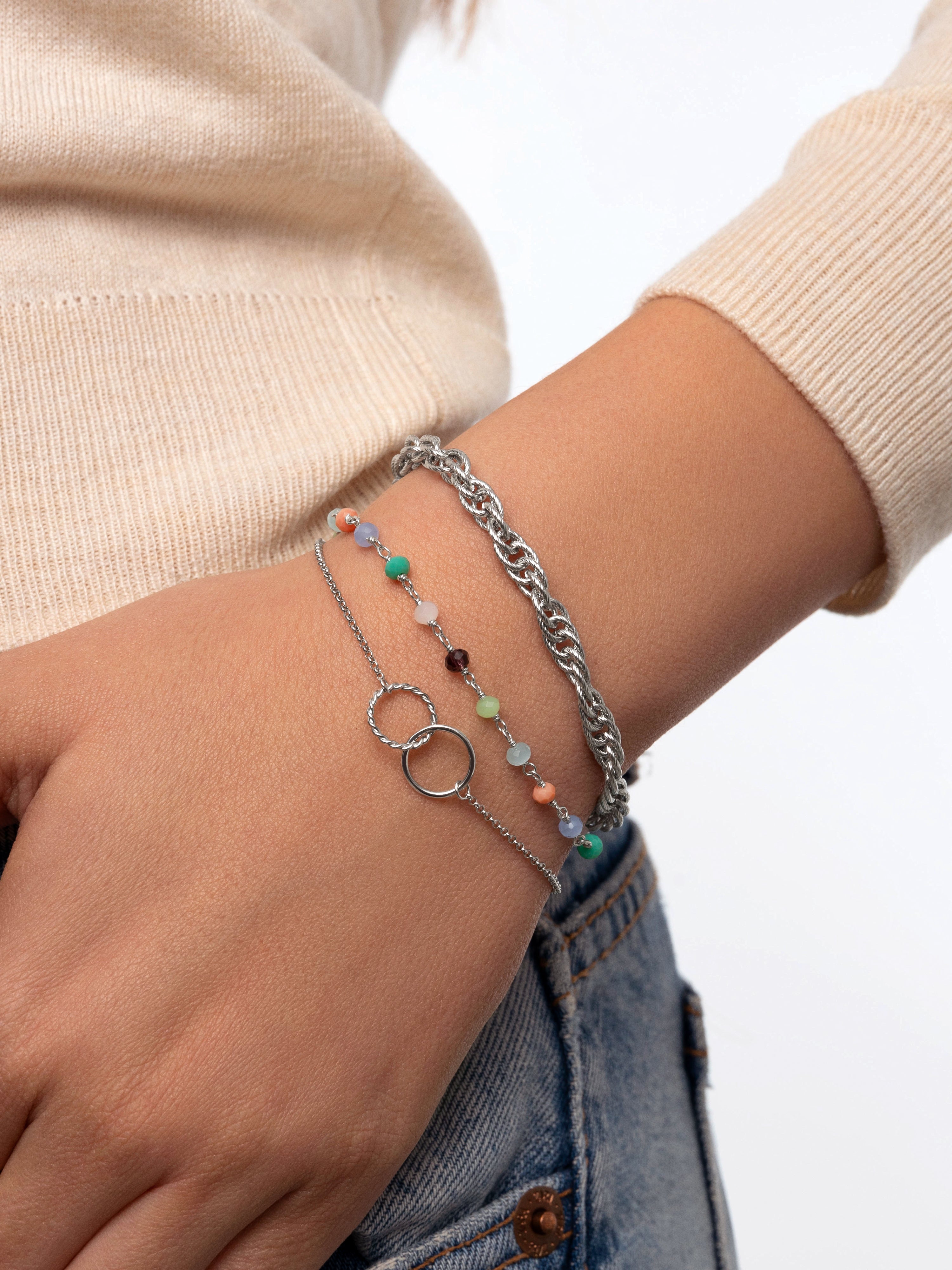 Pulseira de Corrente Circles Twist de Liga de Metais Banhada em Ródio Prateado-5