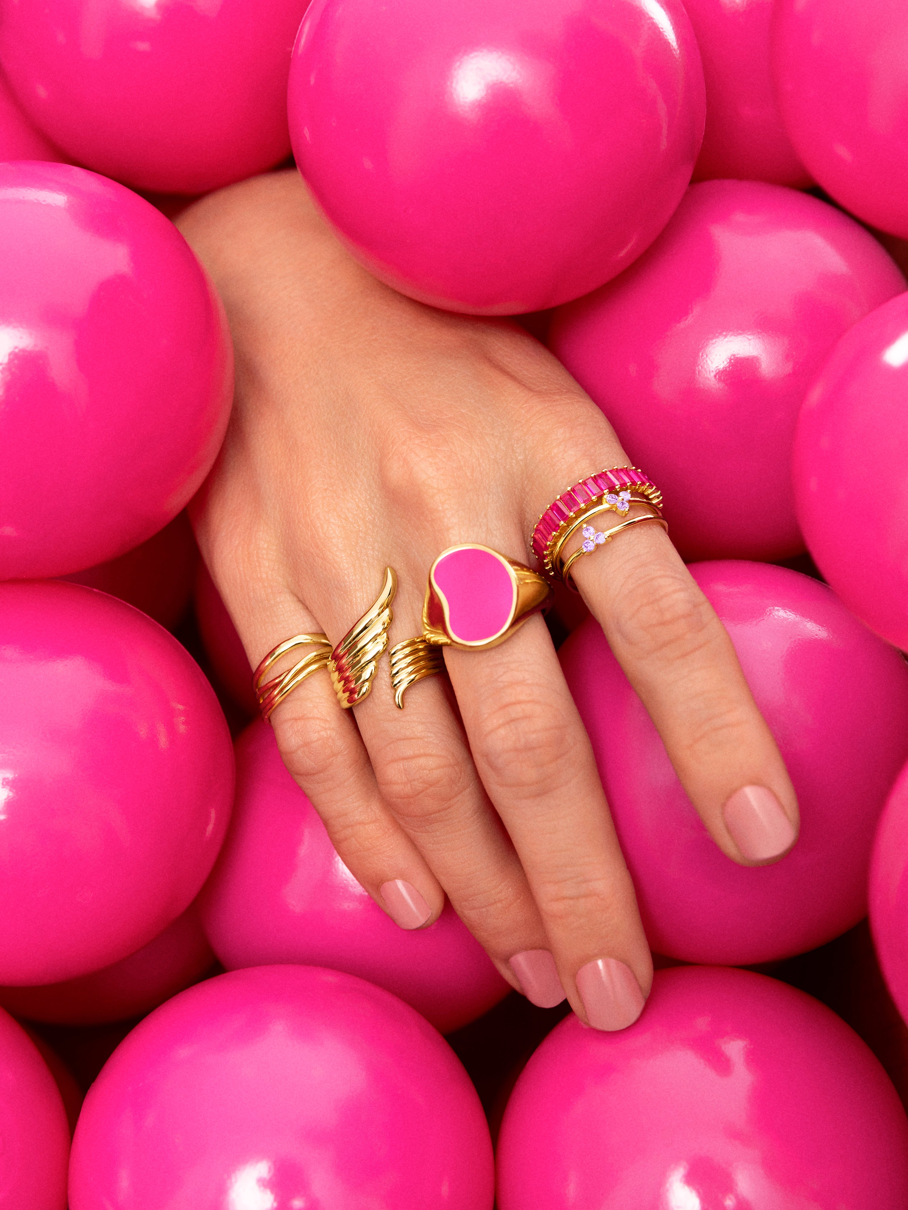 Anel Selo Signet Bean Neon Pink Enamel de Liga de Metais Banhado a Ouro Rosa-5