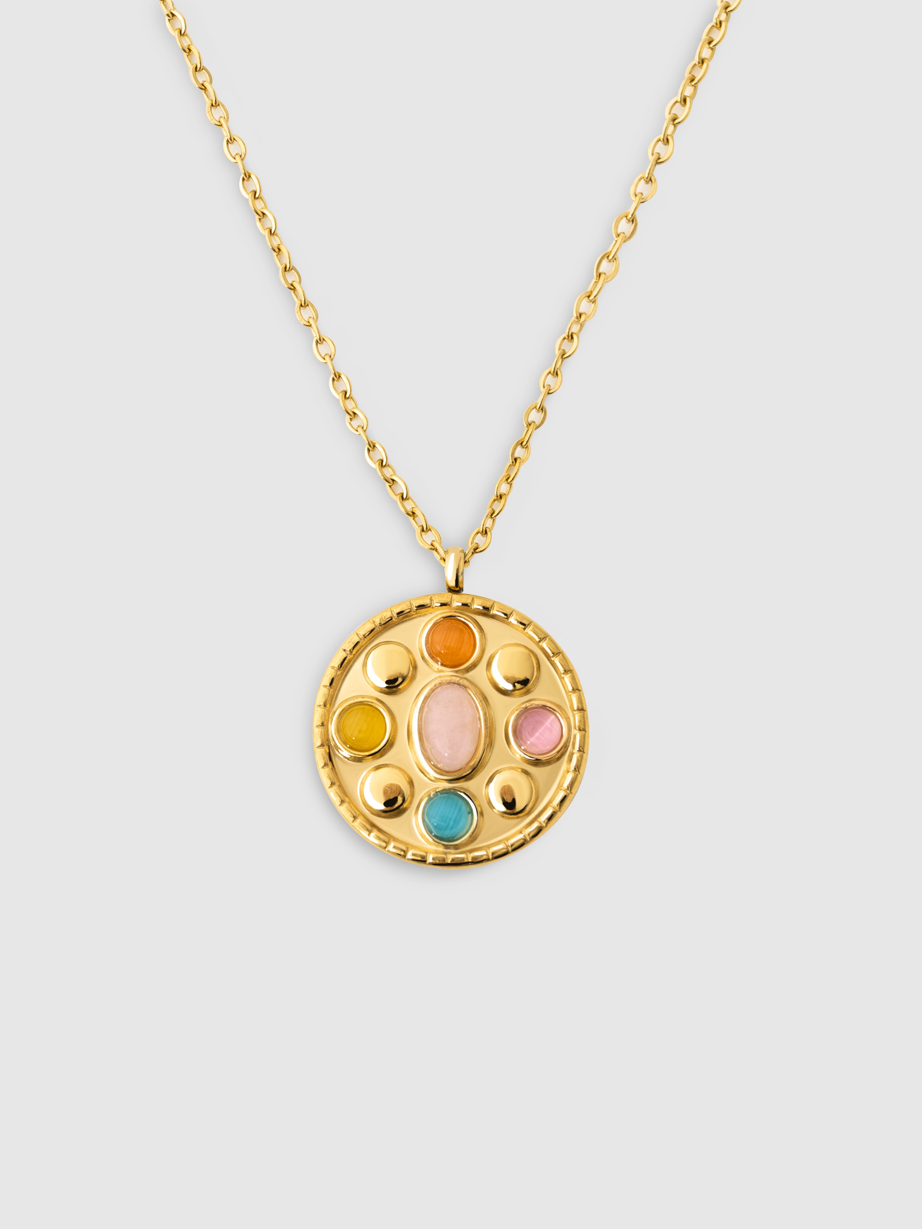 Colar Medallion Five Stones de Aço Banhado a Ouro Multicolor-1