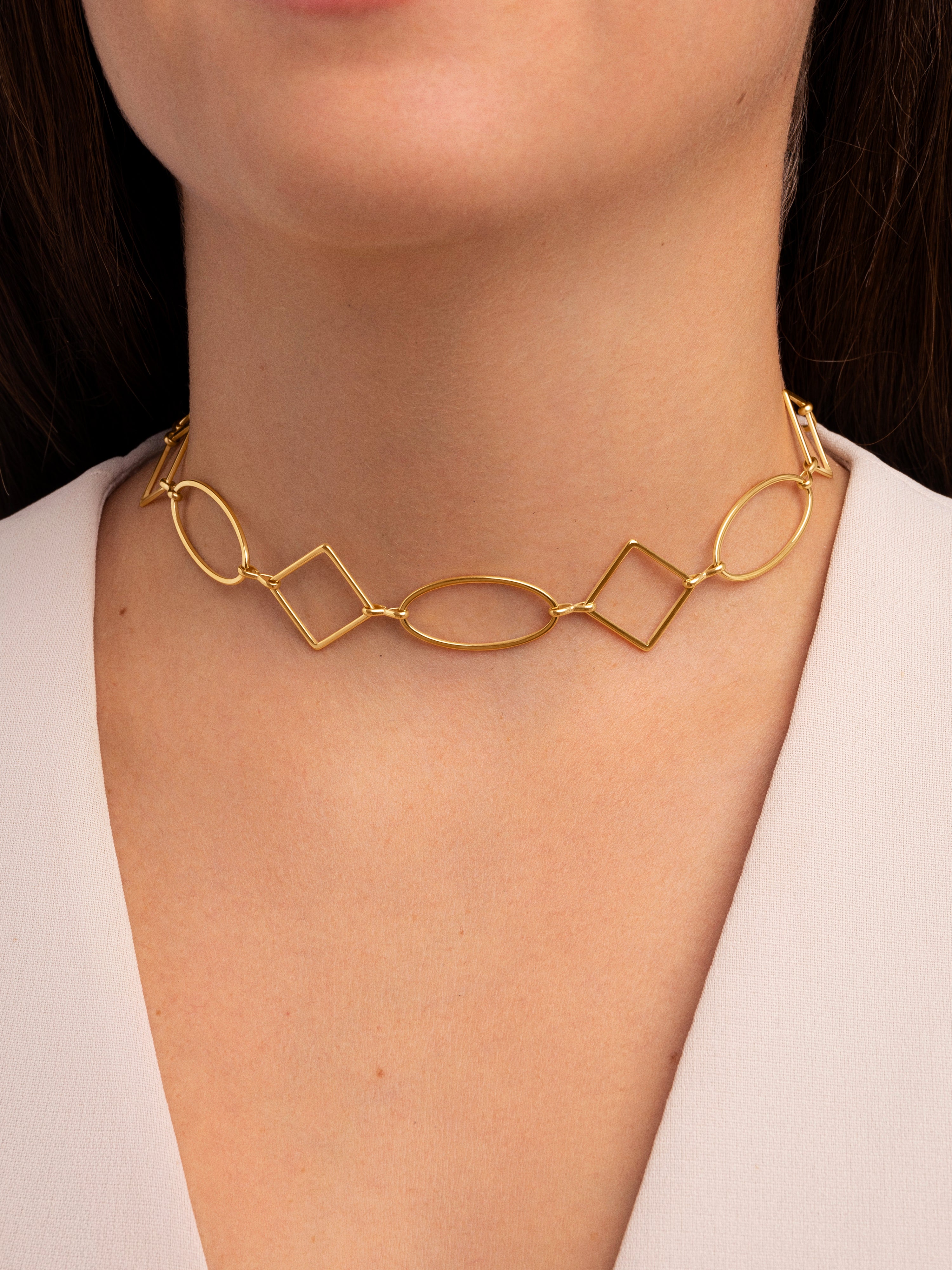 Chokers Rhomb & Oval de Aço Banhado a Ouro Dourado-2