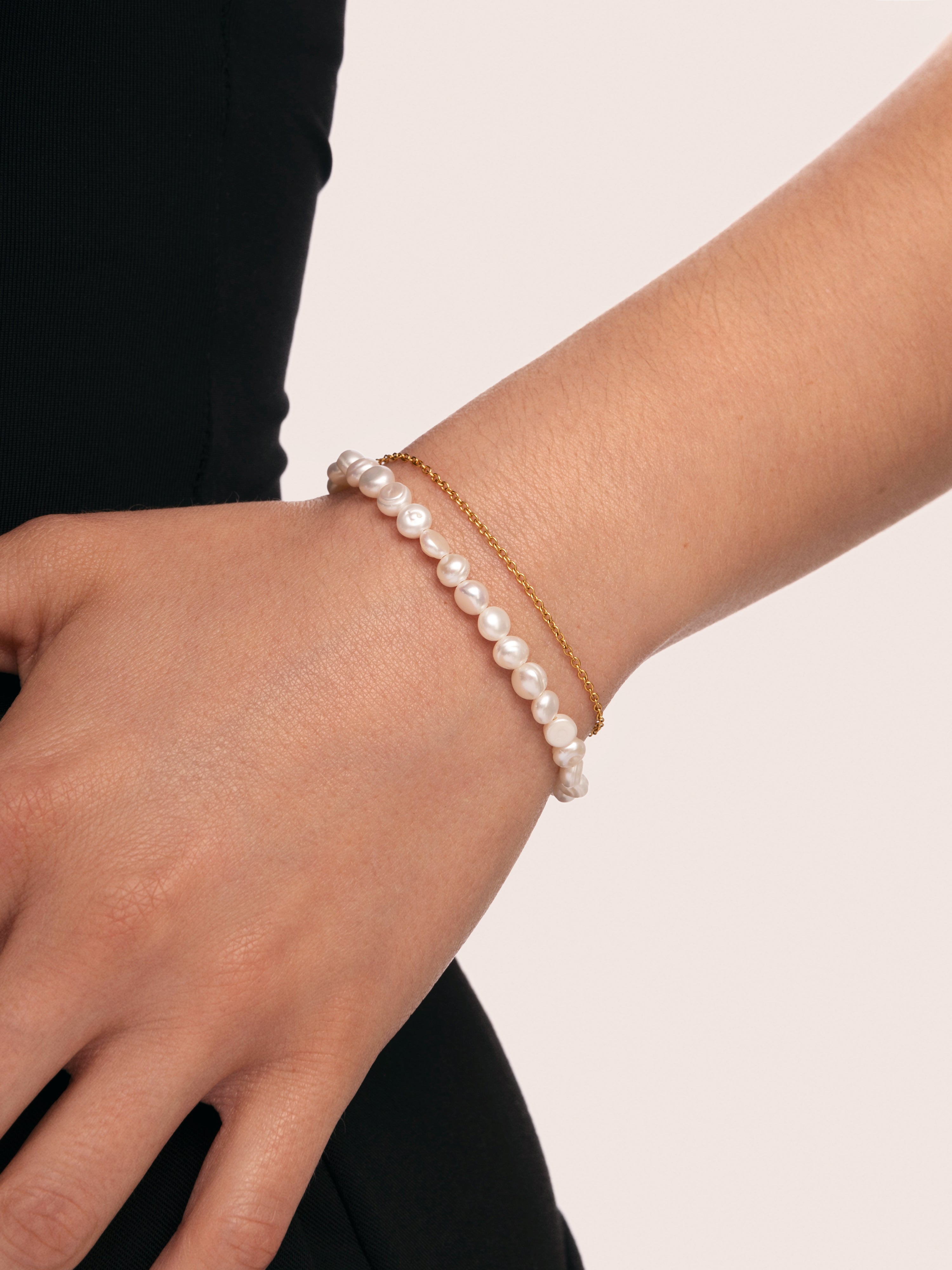 Pulseira de Corrente Pearl Chain de Aço Banhada em Ouro Branco-3