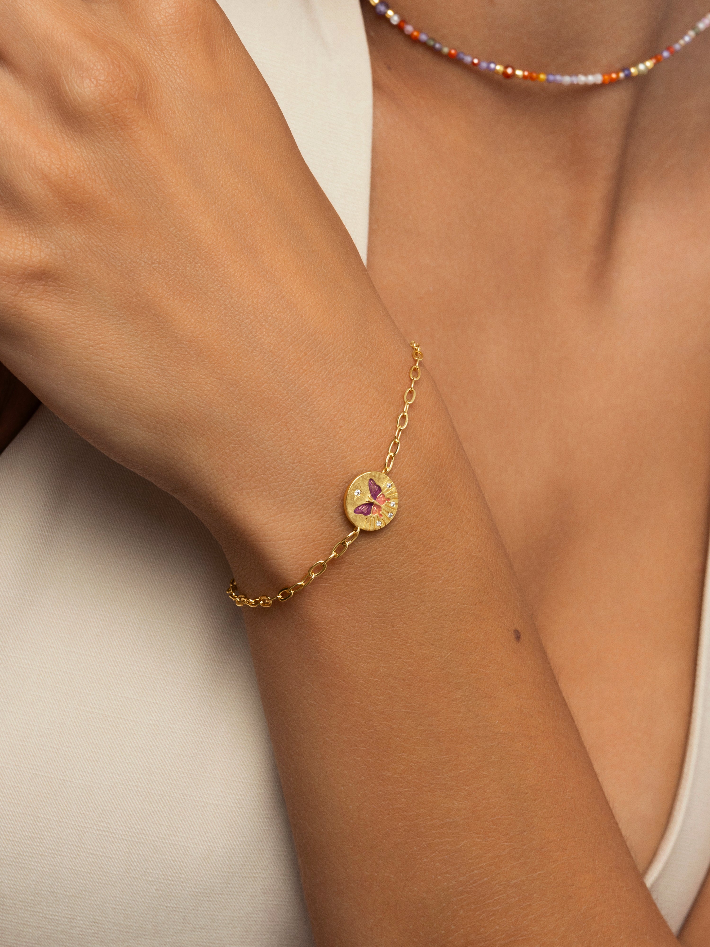 Pulseira de Corrente Medallion Butterfly Rose de Liga de Metais Banhada a Ouro Ouro-3