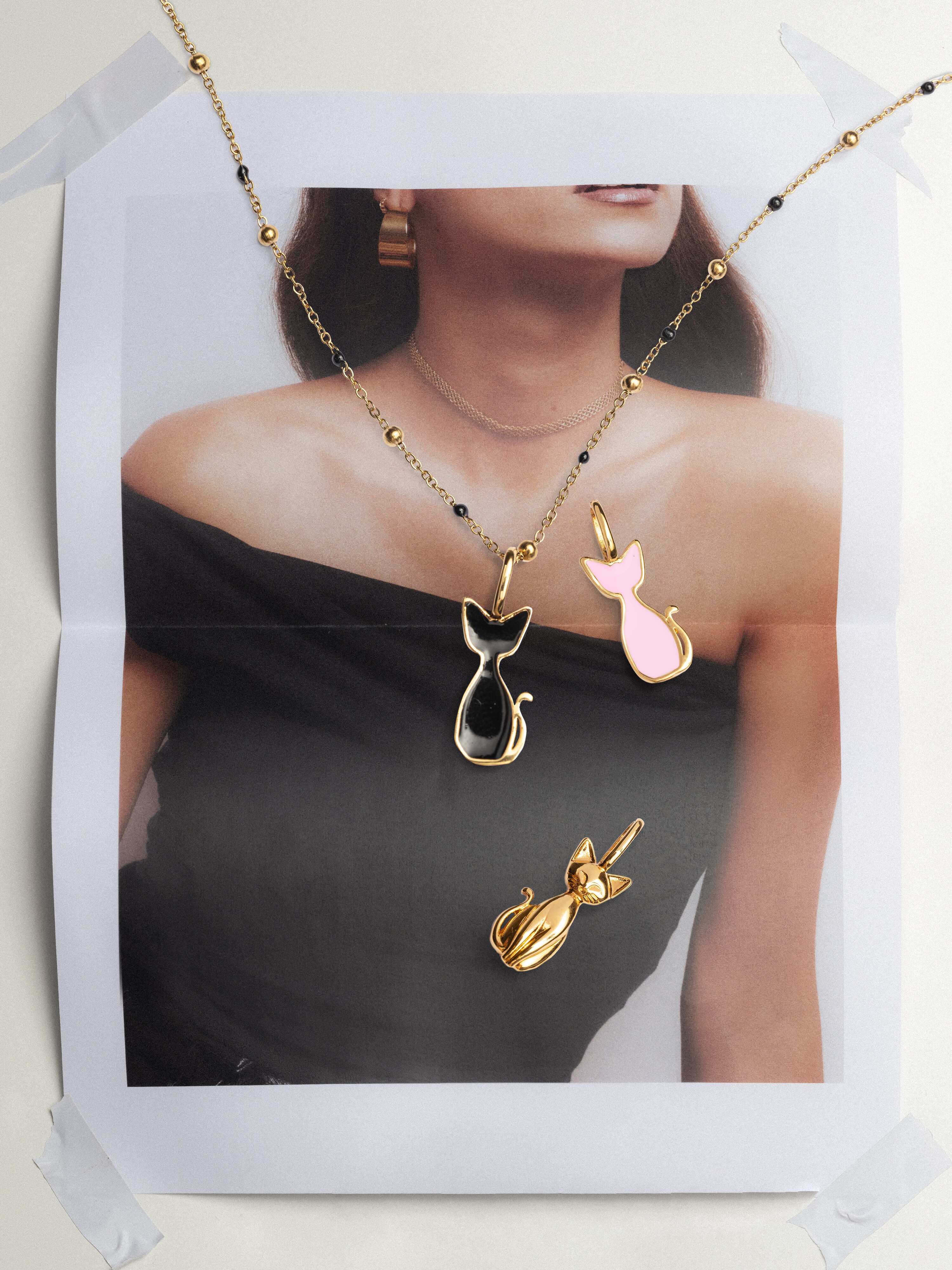 Charm Salem Gato Enamel Rosa de Liga de Metais Banhado em Ouro Rosa-5