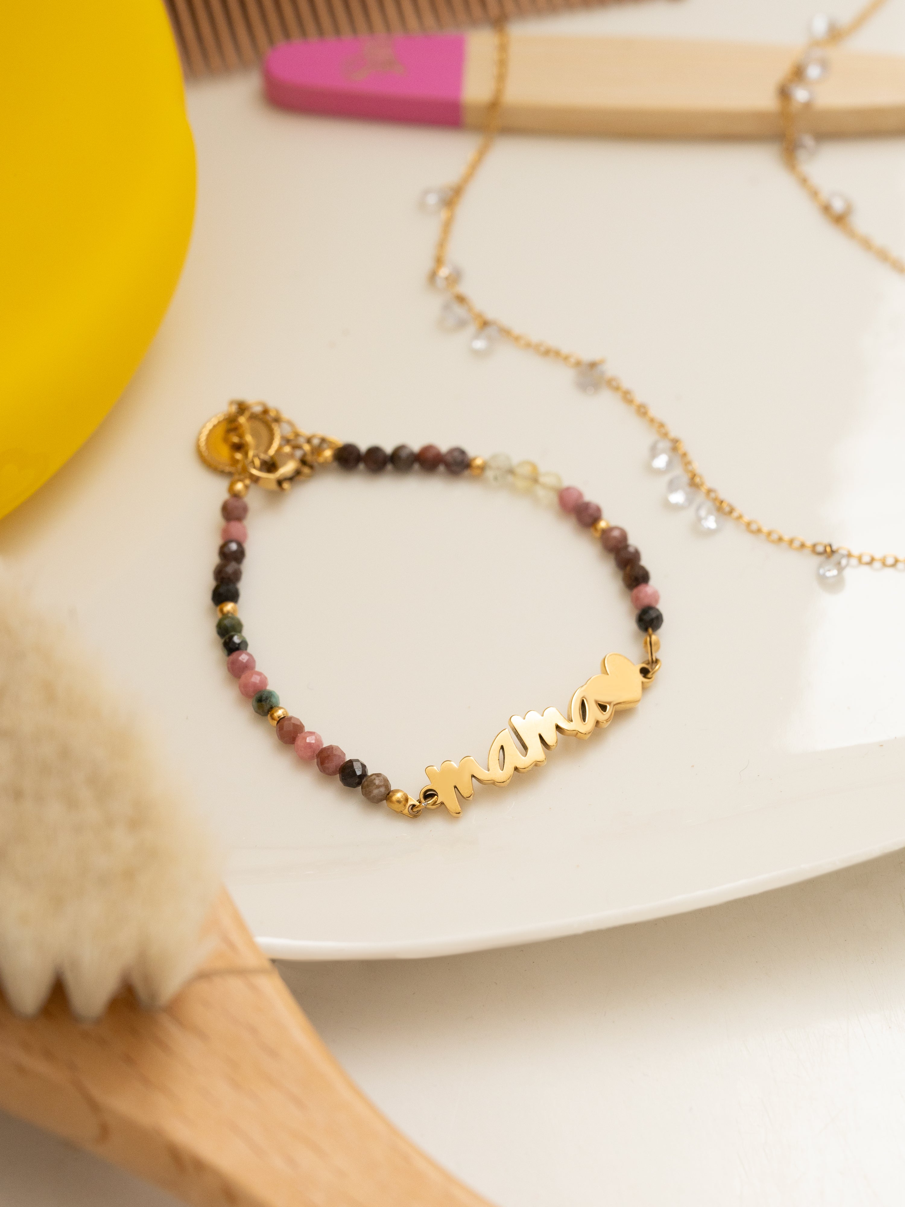 Pulseira de Corrente Mamã Heart Tourmaline de Aço Banhado a Ouro Multicolor-6