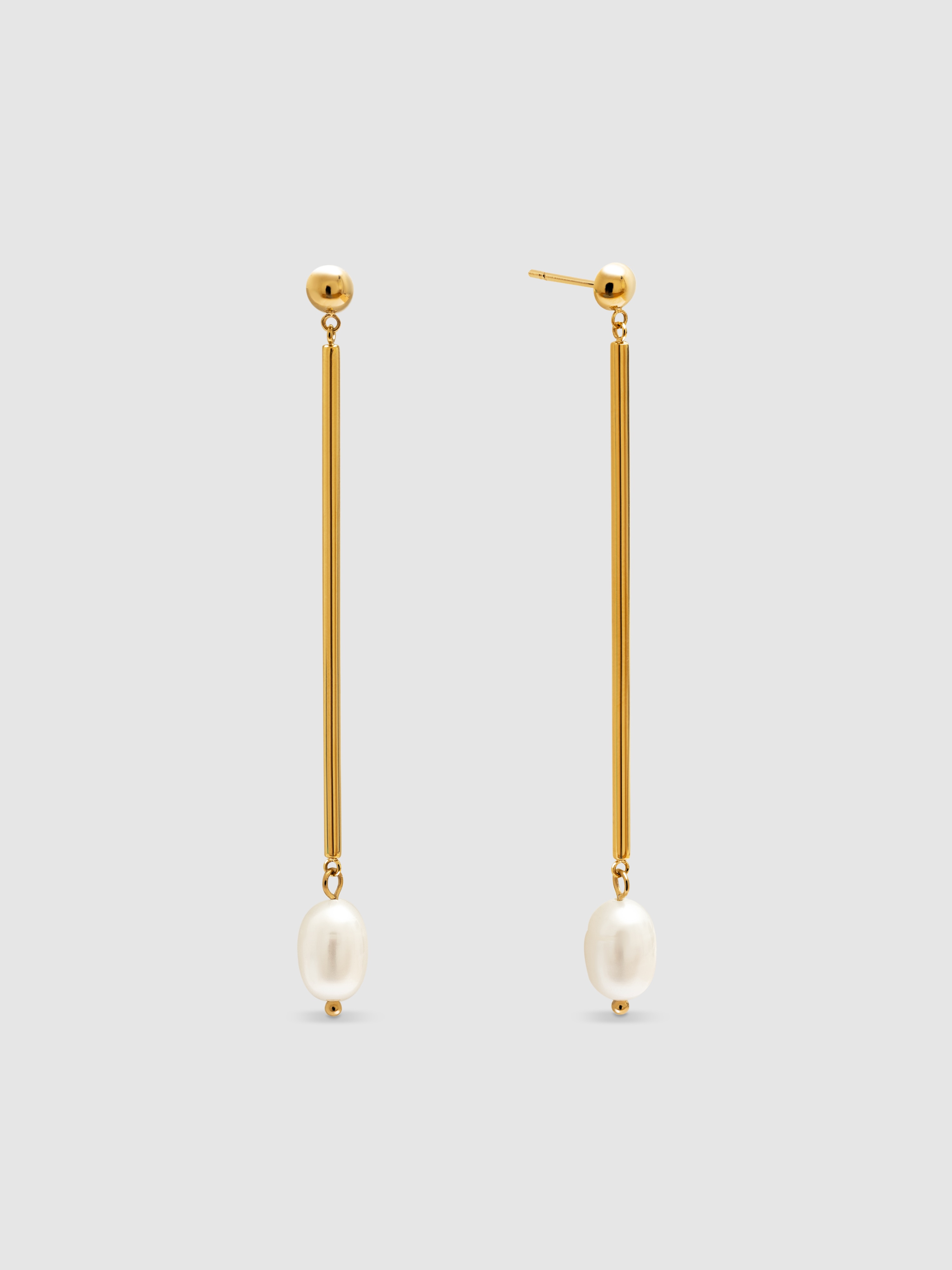Brincos Pearl Stick de Aço Banhado a Ouro Branco-1