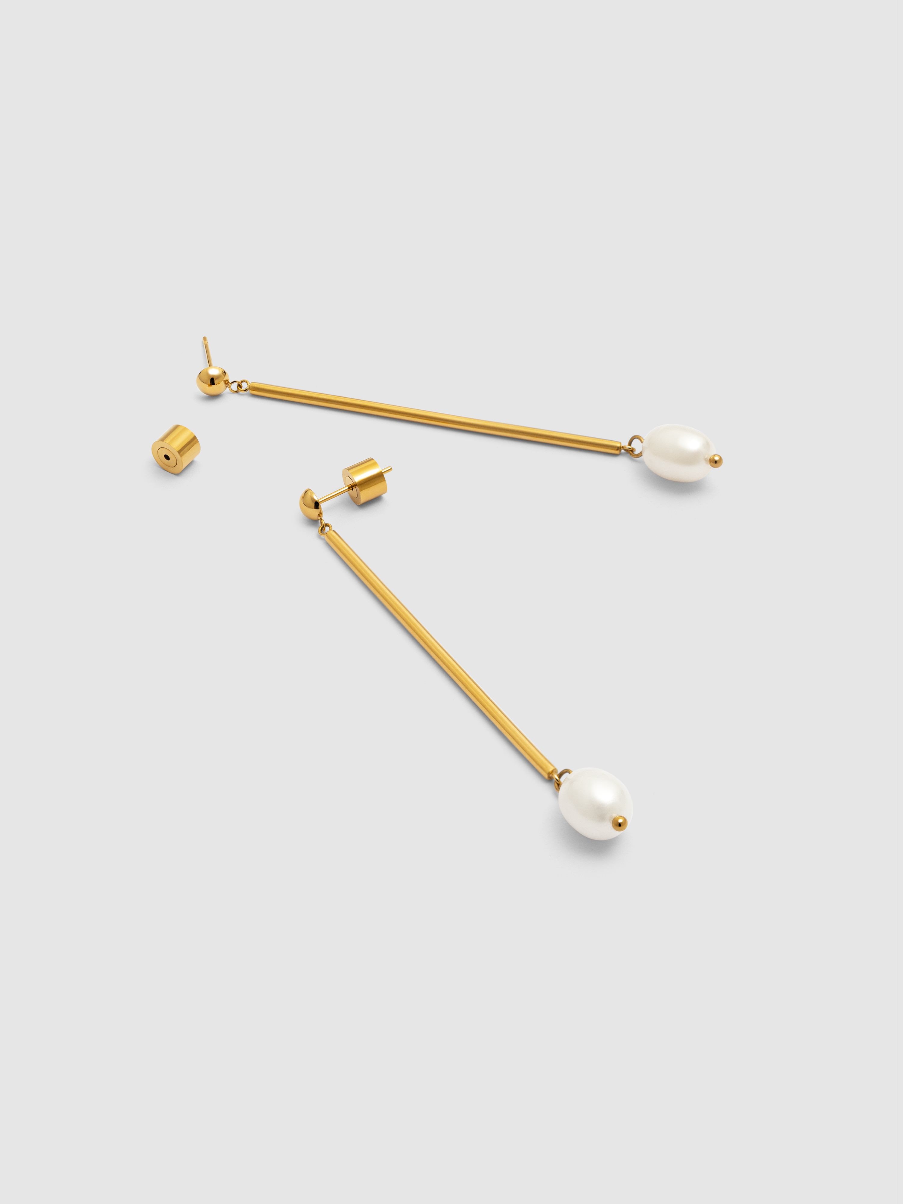 Brincos Pearl Stick de Aço Banhado a Ouro Branco-3