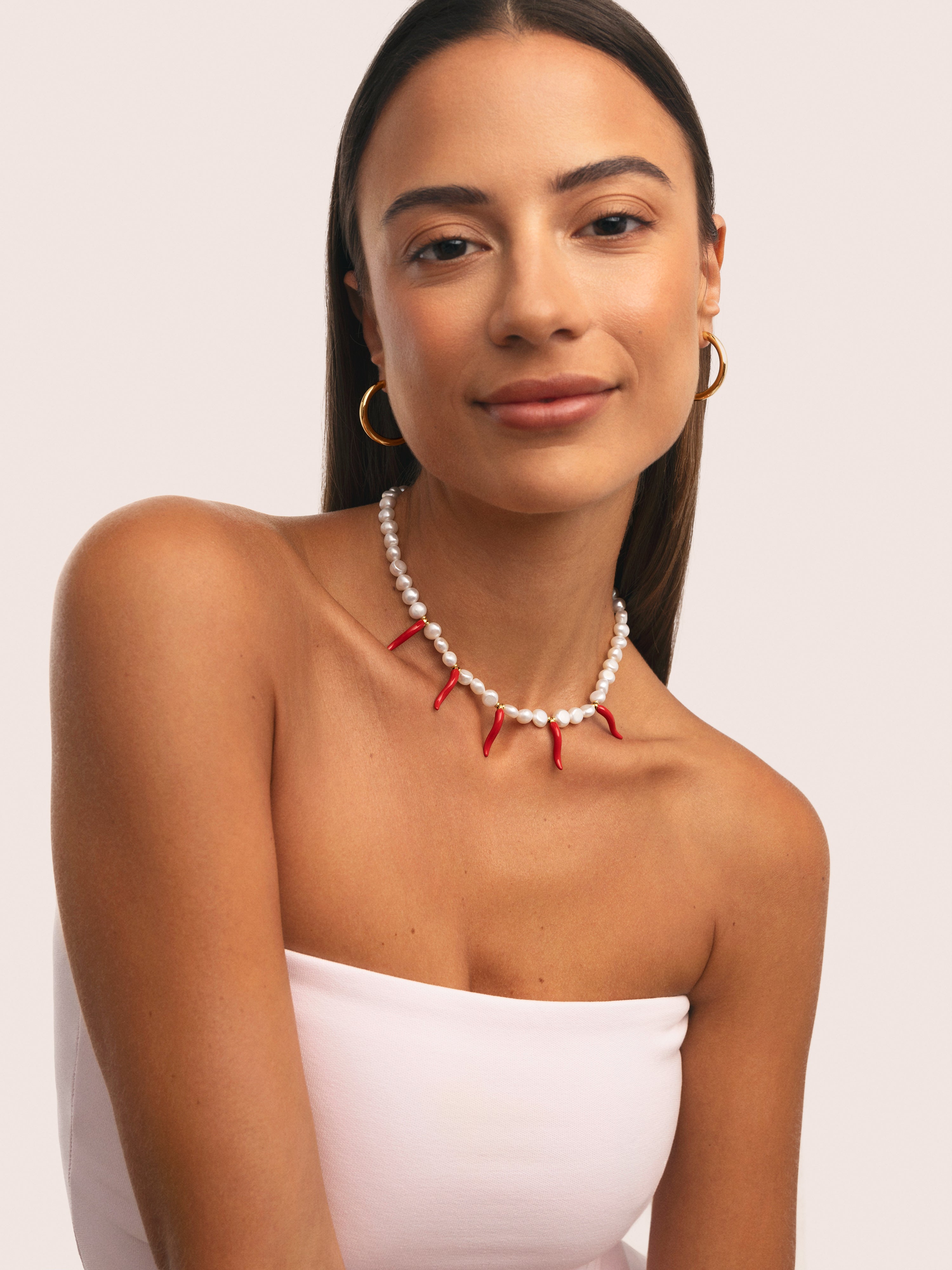 Colar Chili Pearl de Aço Banhado em Ouro Branco / Vermelho-6