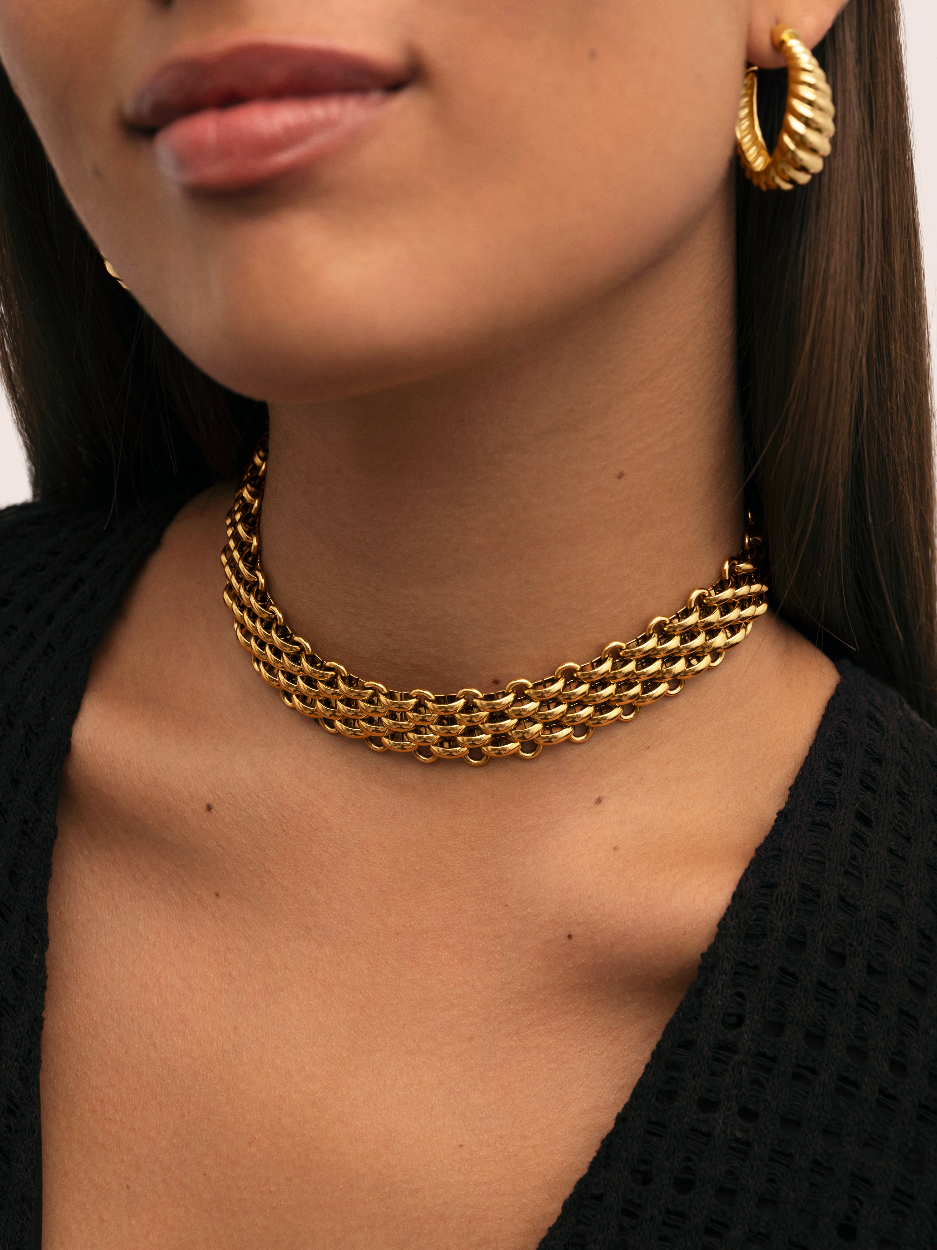 Colar Tipo Chocker Galea de Aço Banhado a Ouro Dourado-3