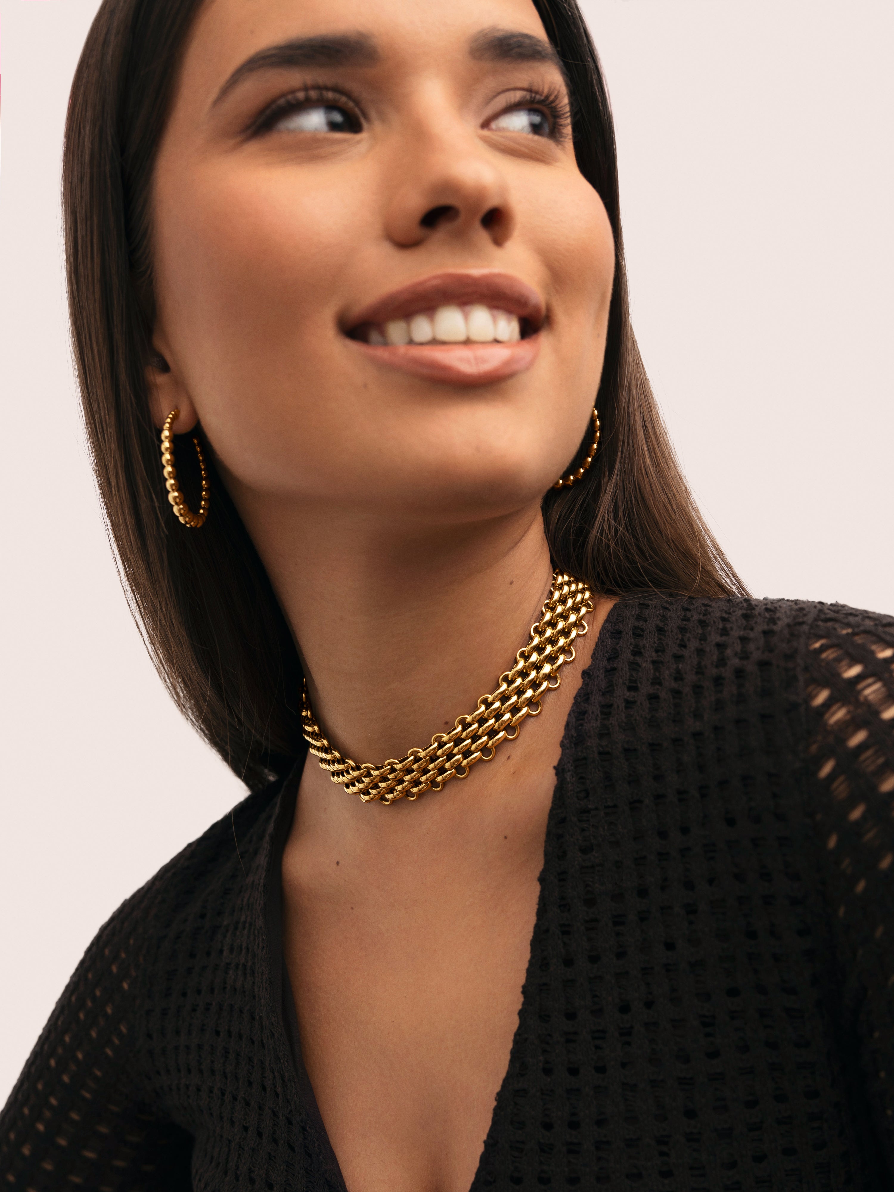 Colar Tipo Chocker Galea de Aço Banhado a Ouro Dourado-6