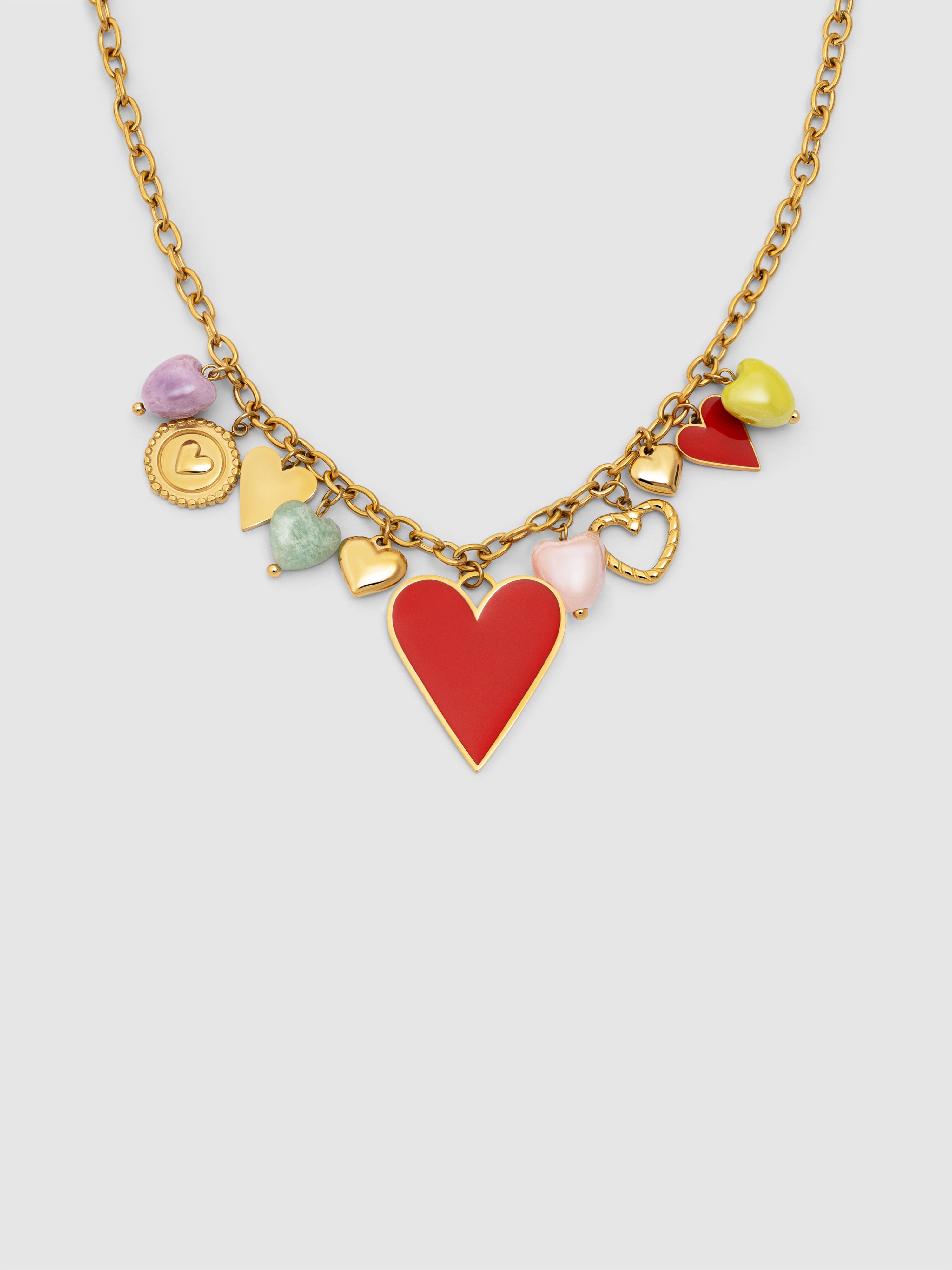 Colar Multicharms Corações de Aço Banhado a Ouro Multicolor-1