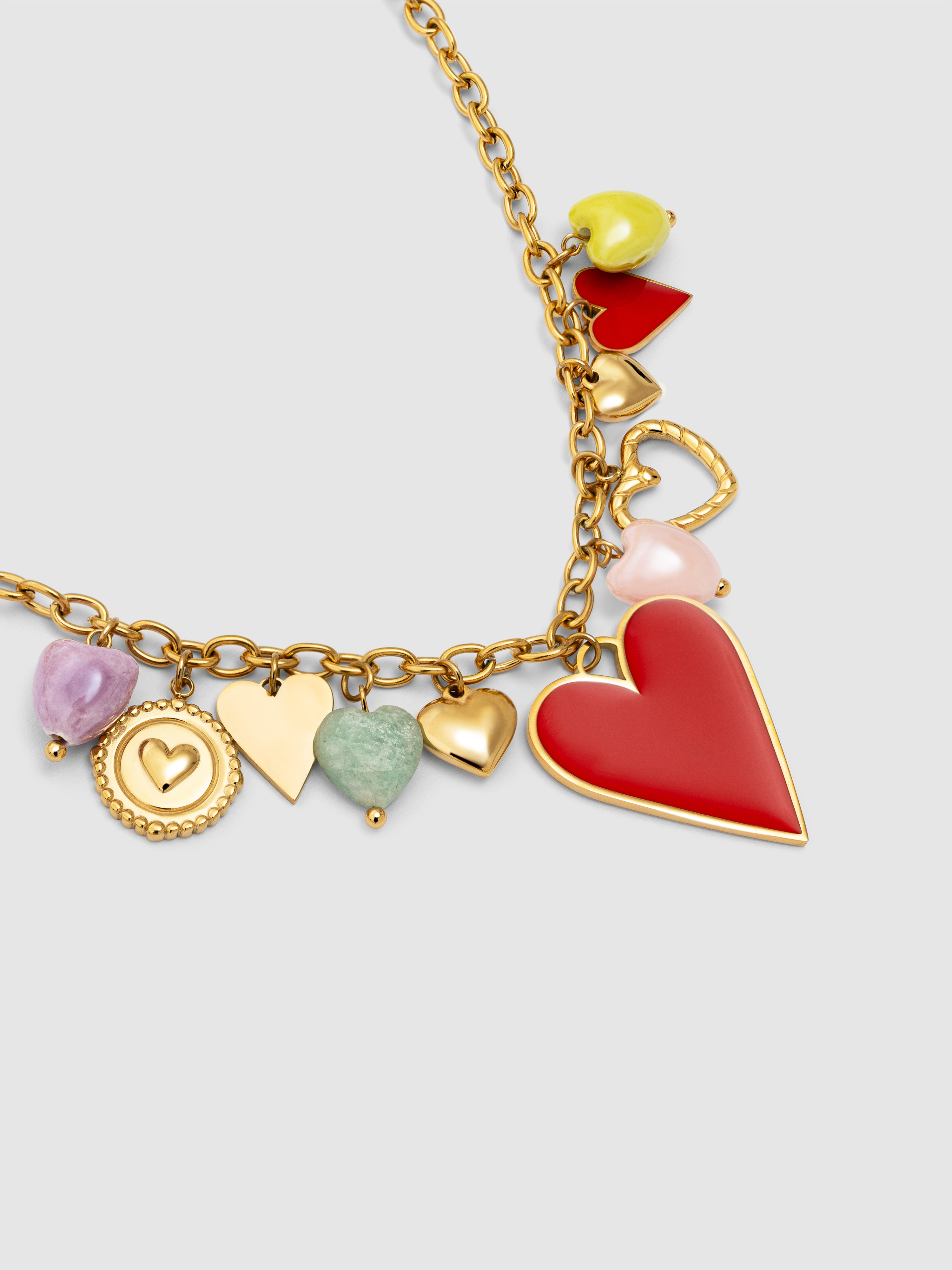 Colar Multicharms Corações de Aço Banhado a Ouro Multicolor-4