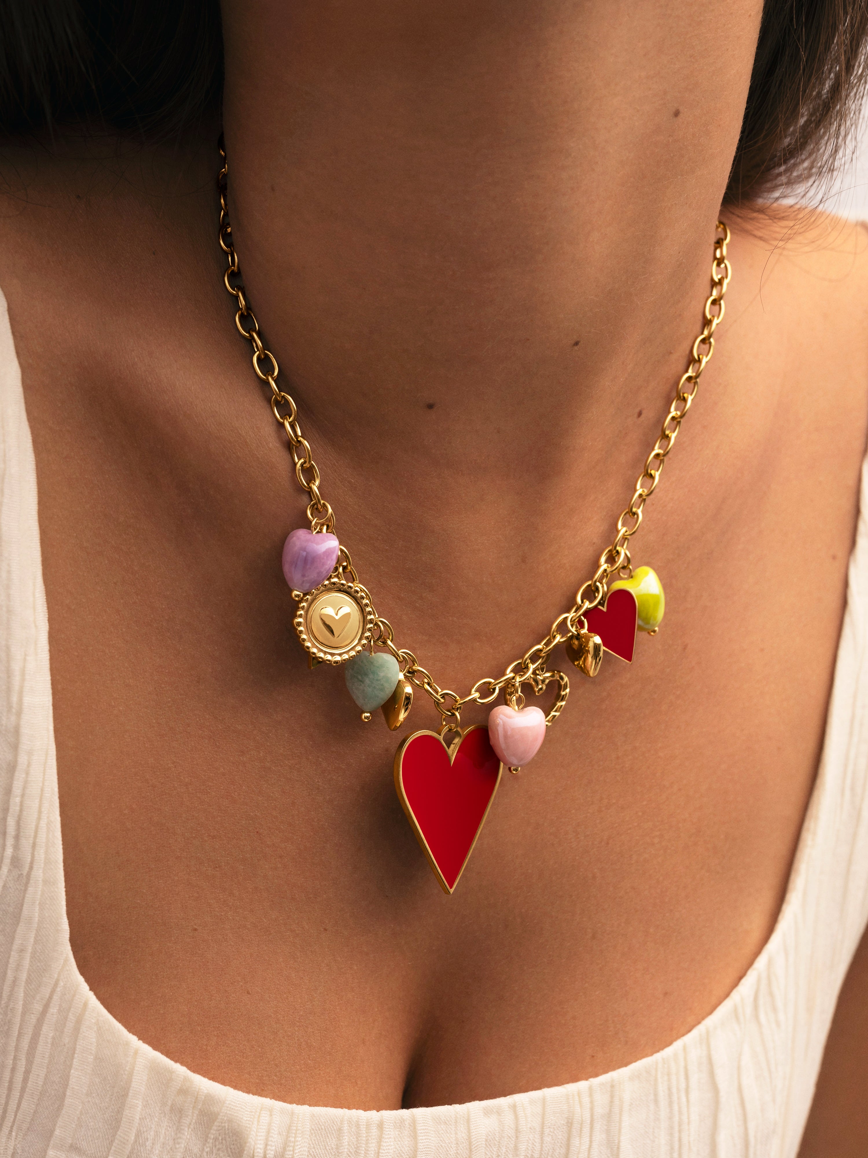 Colar Multicharms Corações de Aço Banhado a Ouro Multicolor-6