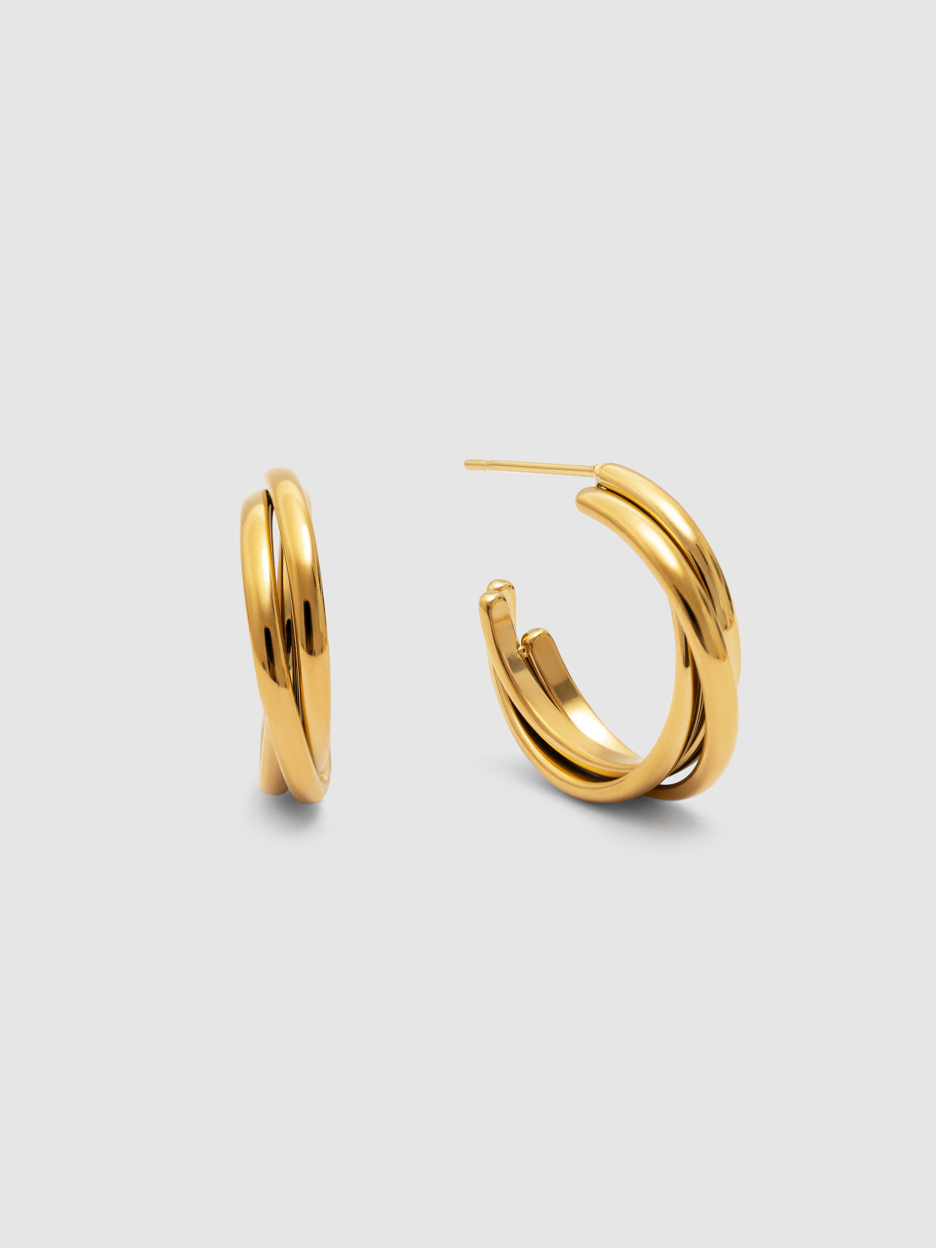 Brincos de Argola Tripla Cruzada de Aço Banhado a Ouro Dourado-1