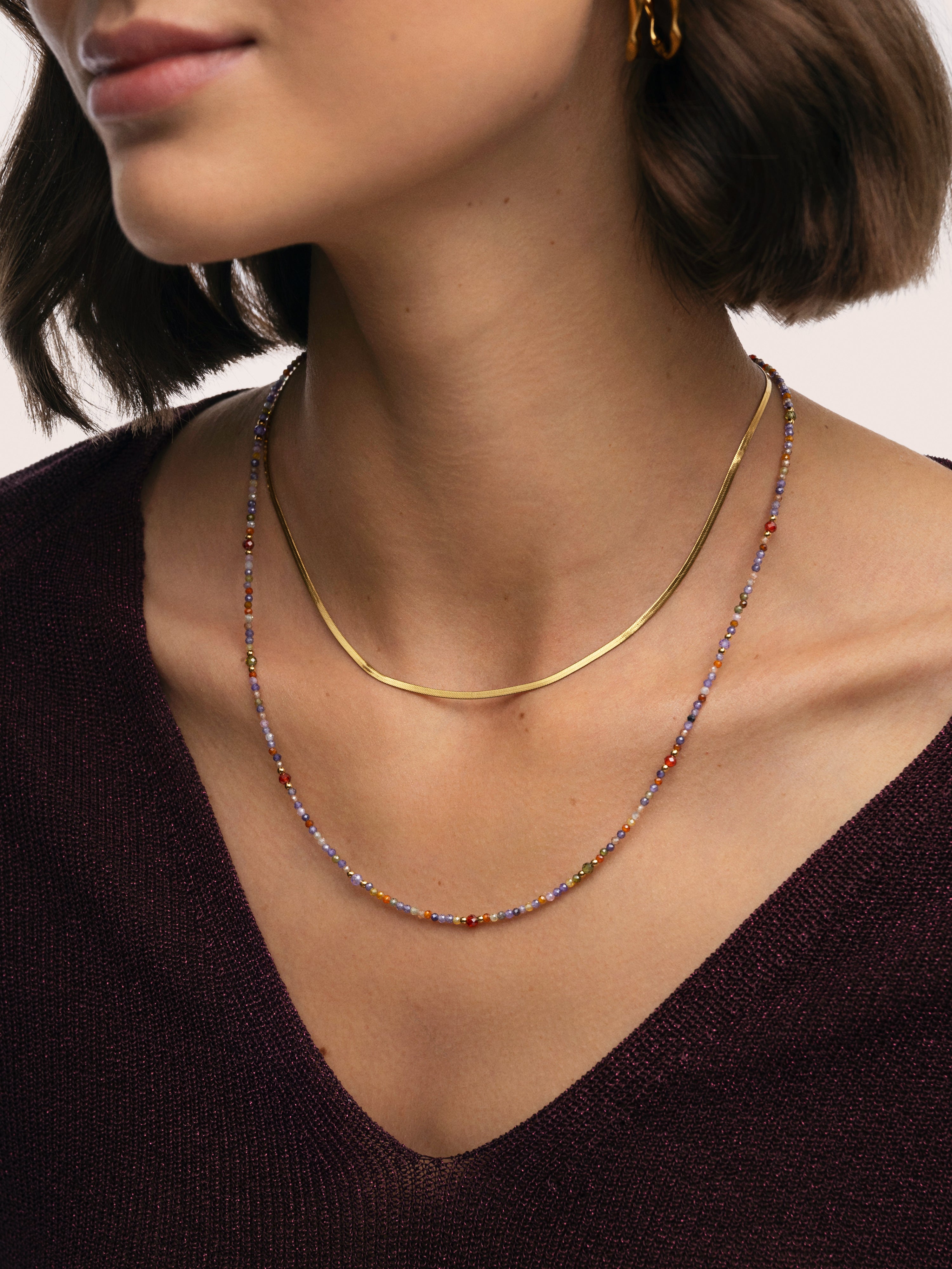 Colar Duplo Crystals Lisse de Aço Banhado a Ouro Multicolor-2