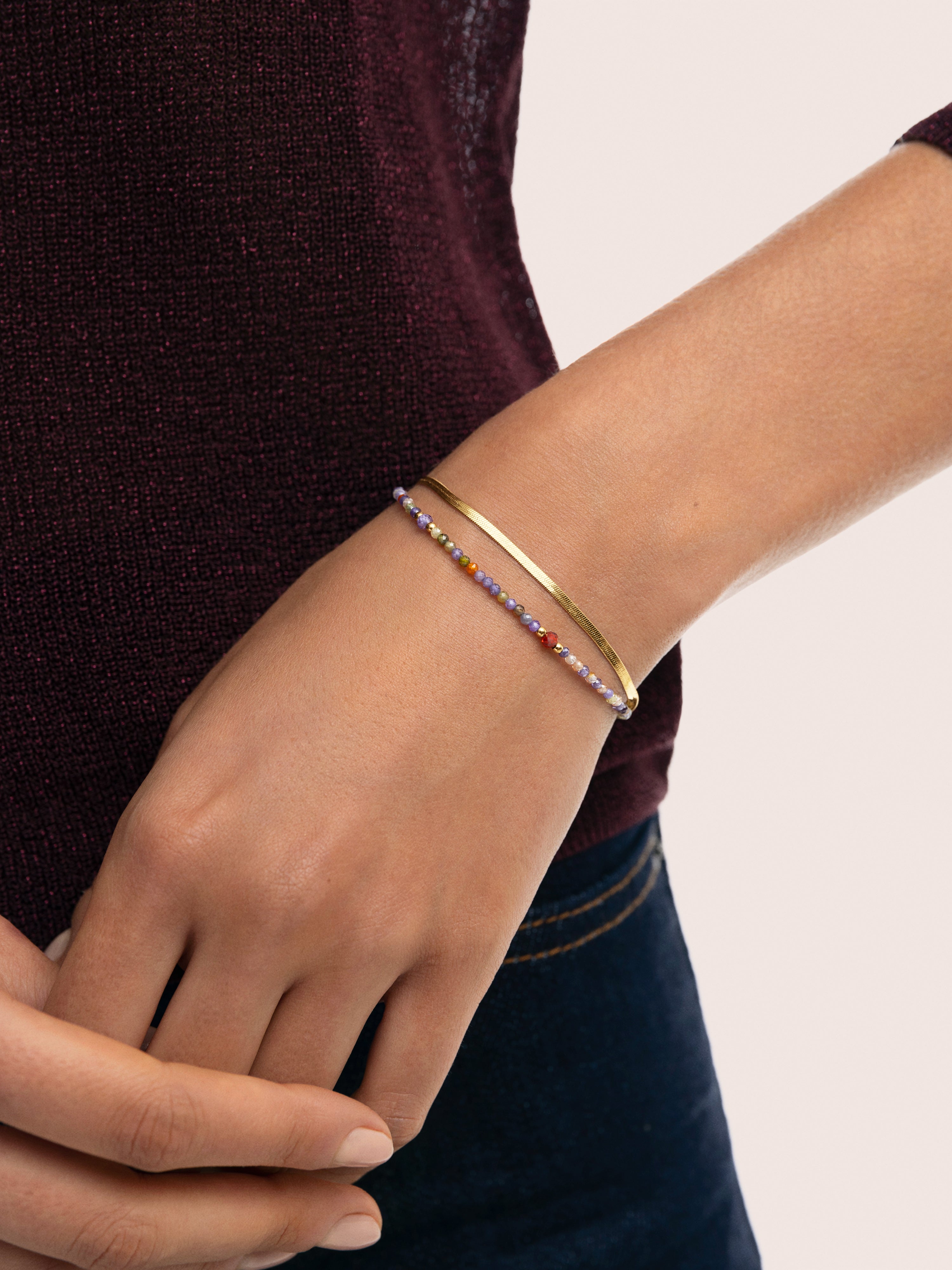 Pulseira de Corrente Dupla Crystals Lisse de Aço Banhado a Ouro Multicolor-2