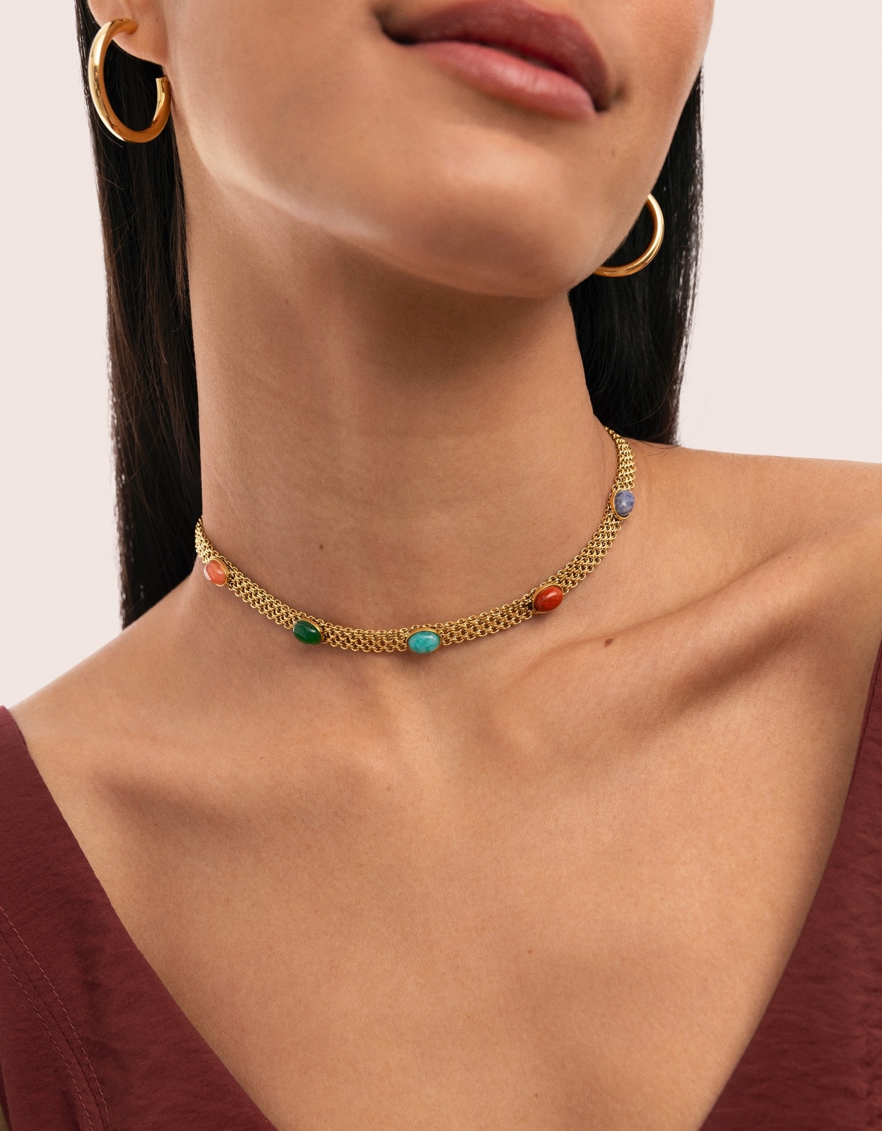 Choker Tape Stones de Aço Banhado a Ouro Multicolor-2