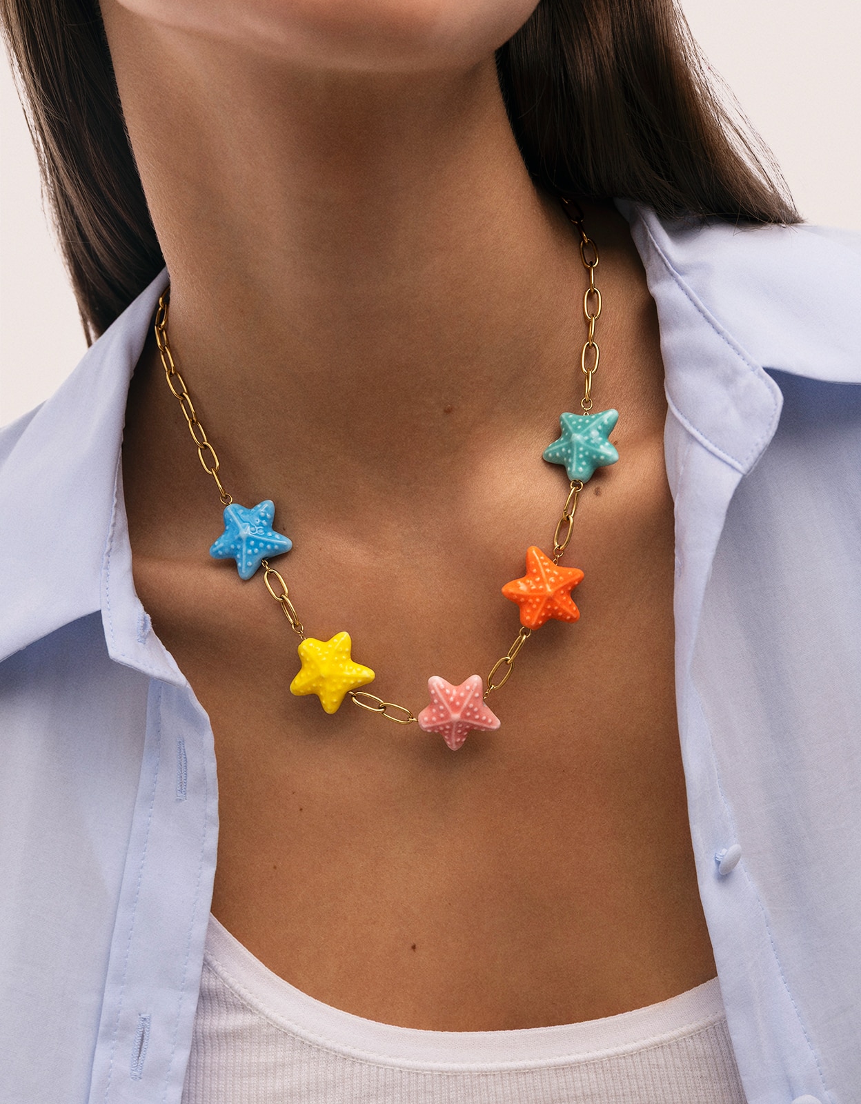 Colar Starfish Chic Color de Aço Banhado em Ouro Multicolor-3