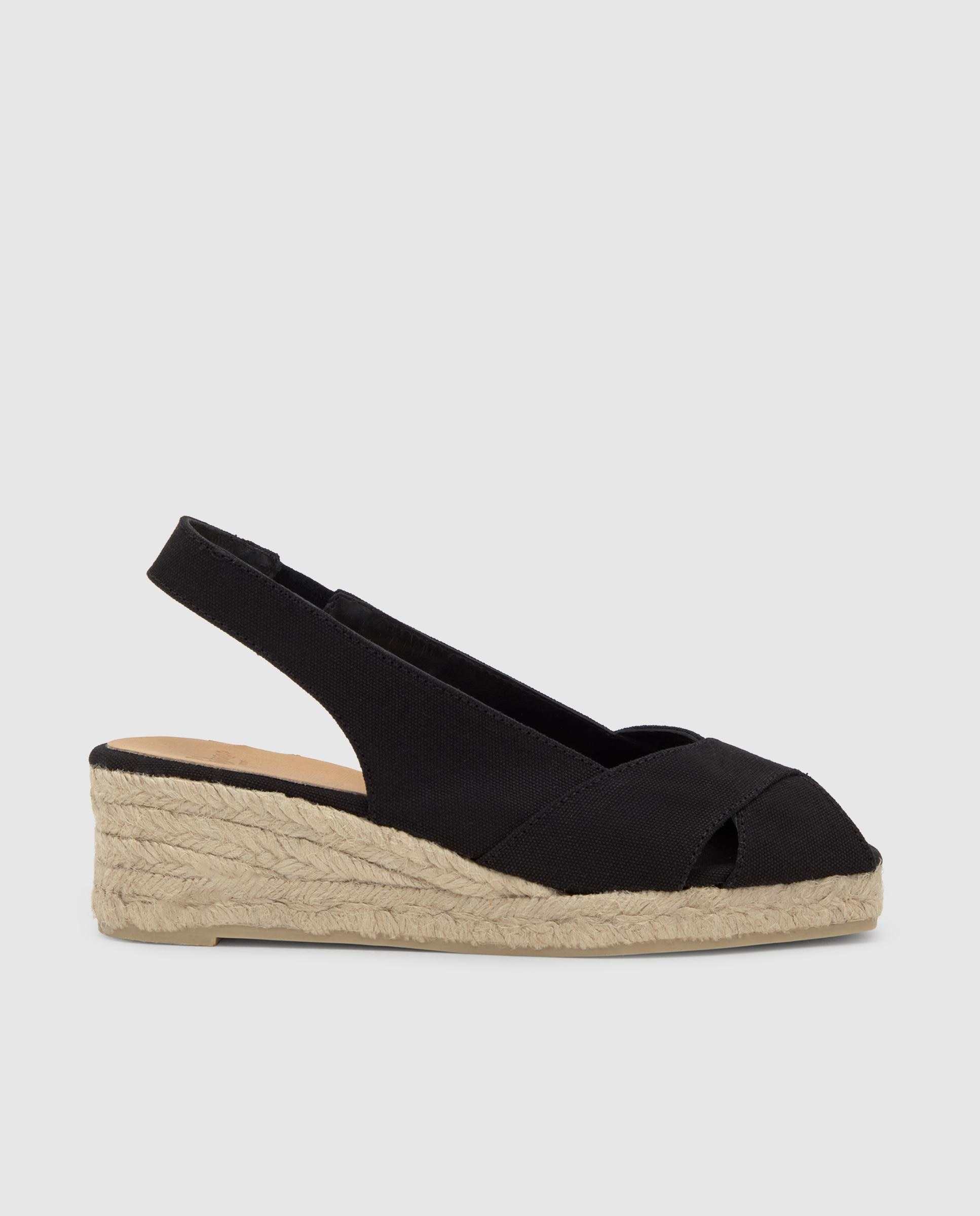 Alpercatas de Cunha com o Calcanhar Aberto Diana Estilo Peep-toe em Algodão Orgânico Preto-1