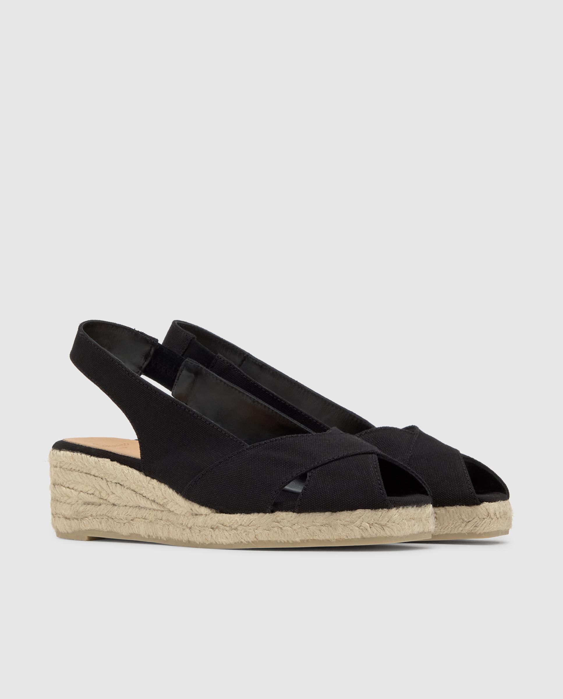 Alpercatas de Cunha com o Calcanhar Aberto Diana Estilo Peep-toe em Algodão Orgânico Preto-3