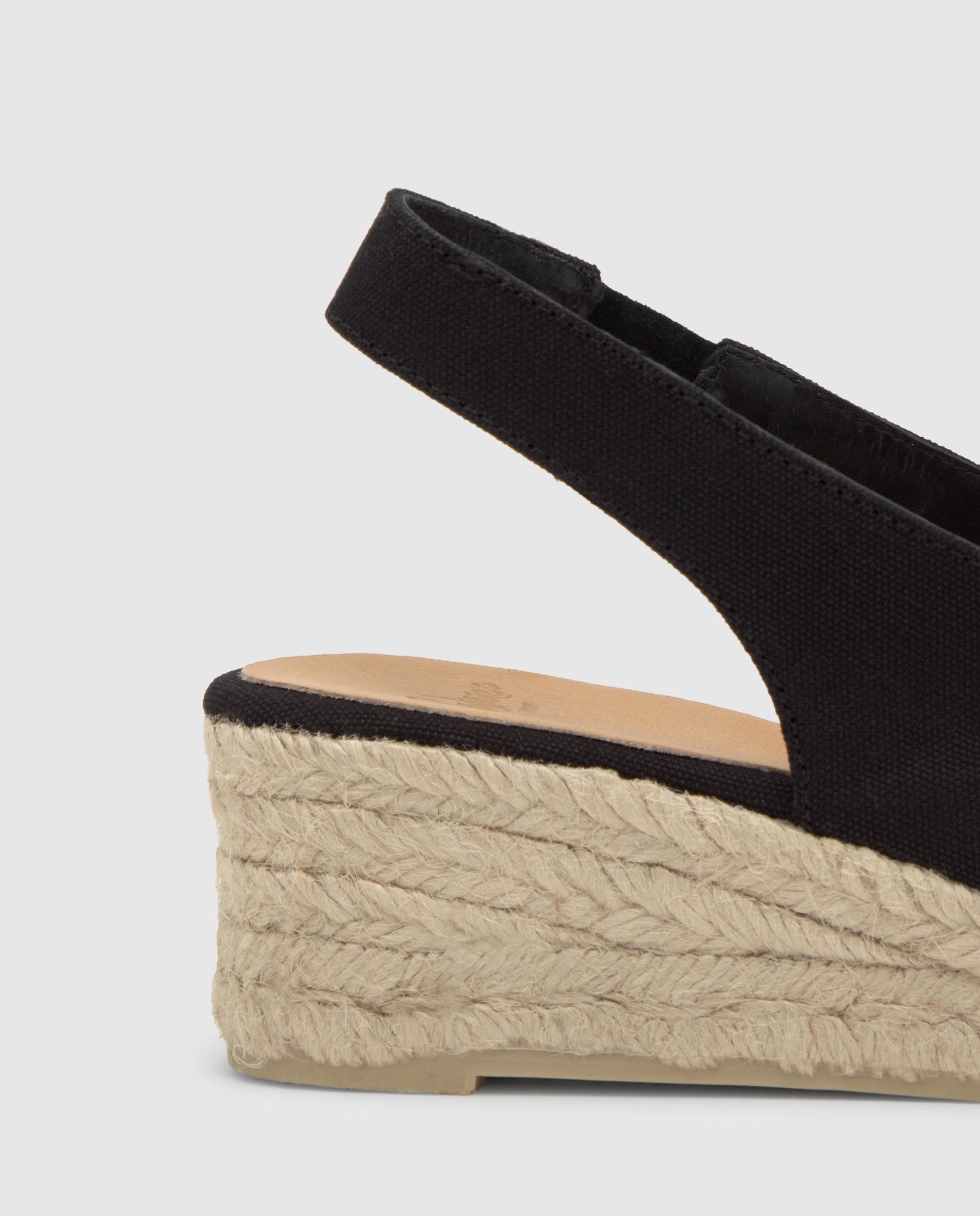 Alpercatas de Cunha com o Calcanhar Aberto Diana Estilo Peep-toe em Algodão Orgânico Preto-4