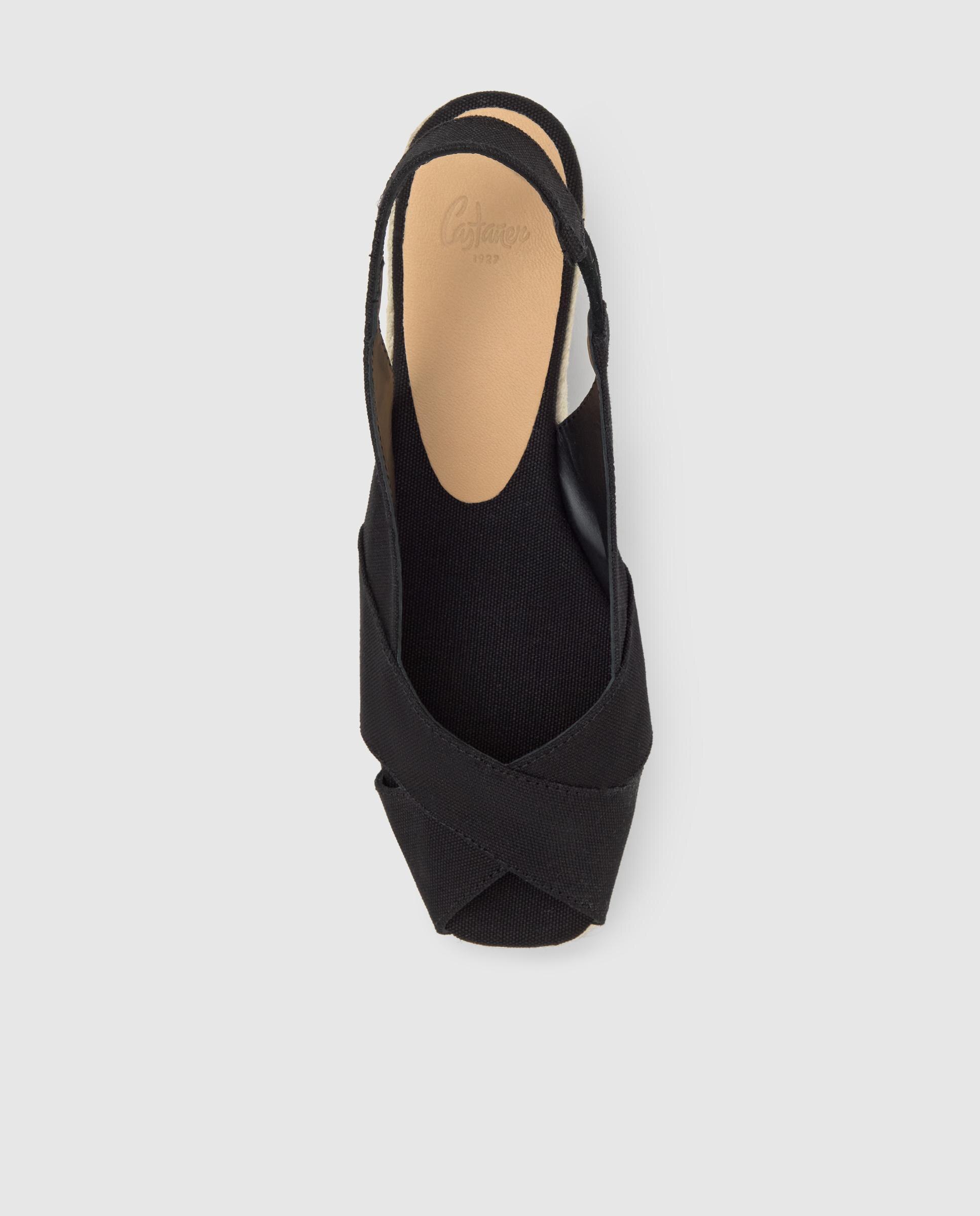 Alpercatas de Cunha com o Calcanhar Aberto Diana Estilo Peep-toe em Algodão Orgânico Preto-6