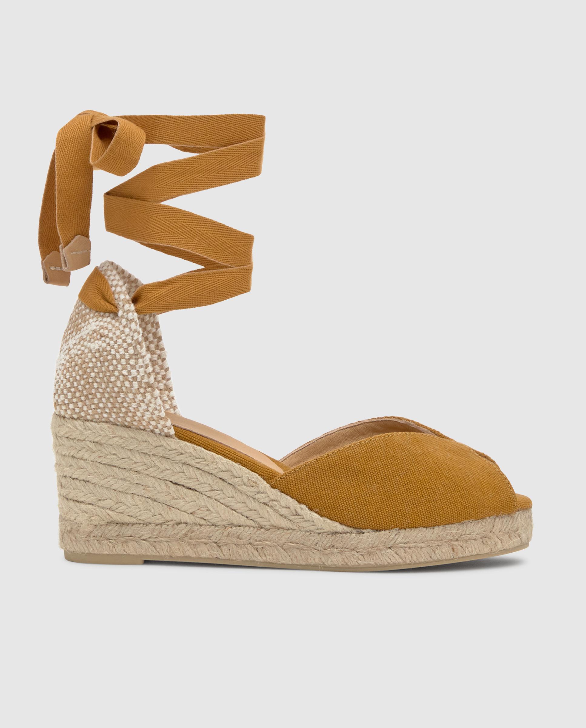 Sandálias de Cunha Bilina Estilo Peep-toe em Algodão Orgânico Lavado Mostarda-1