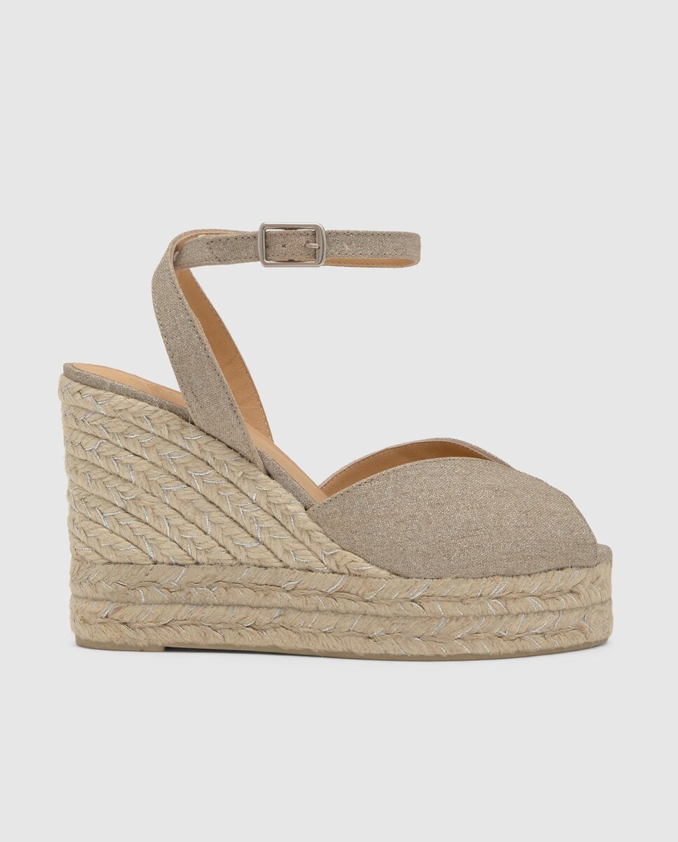 Sandálias de Cunha Blossom em Linho Metalizado com Fecho de Pulseira Bege-1