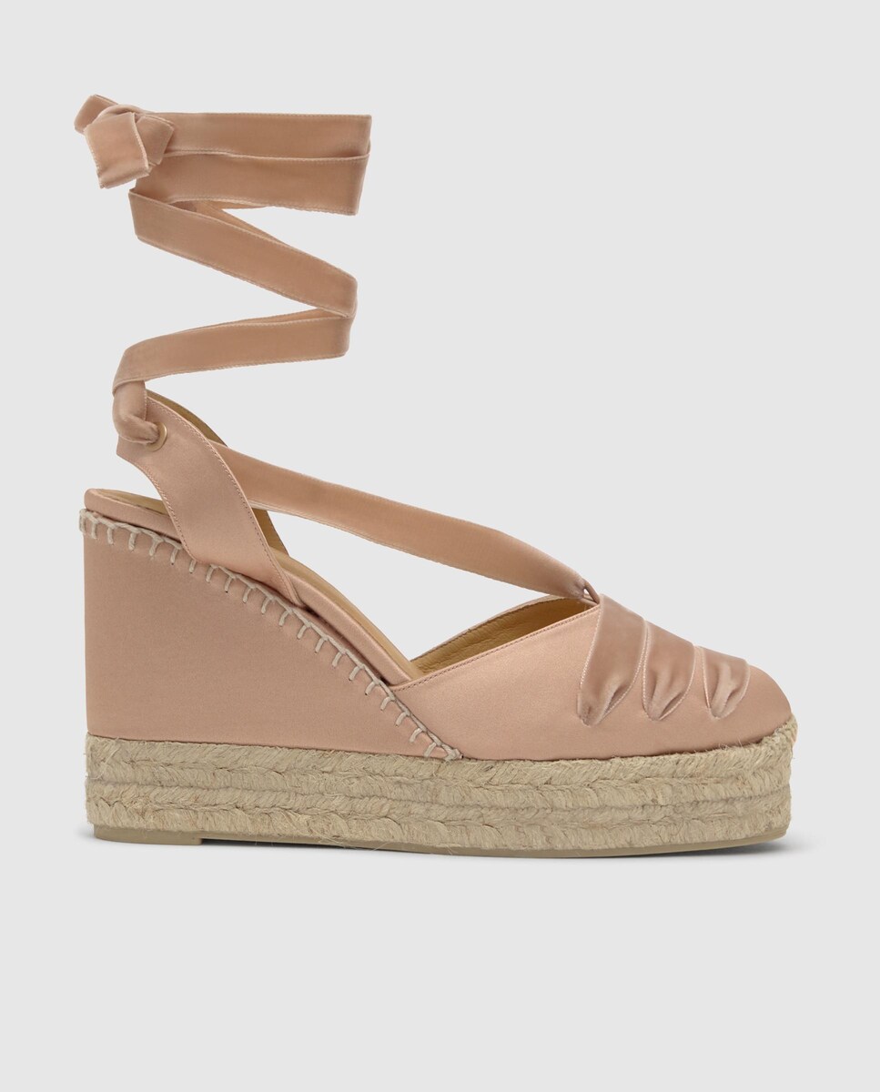 Alpercatas de Cunha Cersei em Cetim com Plataforma Dupla Rosa-claro-1