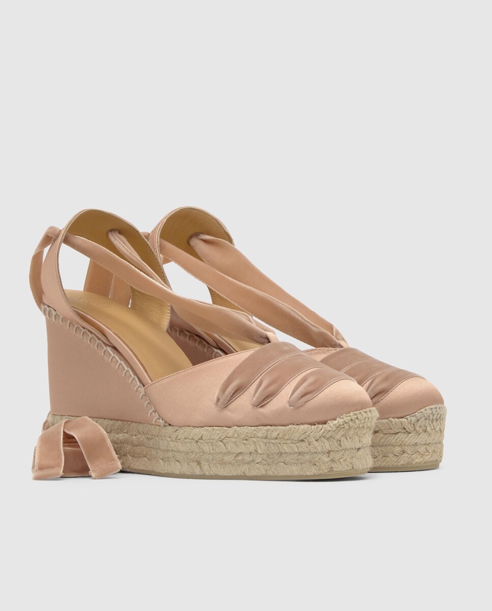 Alpercatas de Cunha Cersei em Cetim com Plataforma Dupla Rosa-claro-3