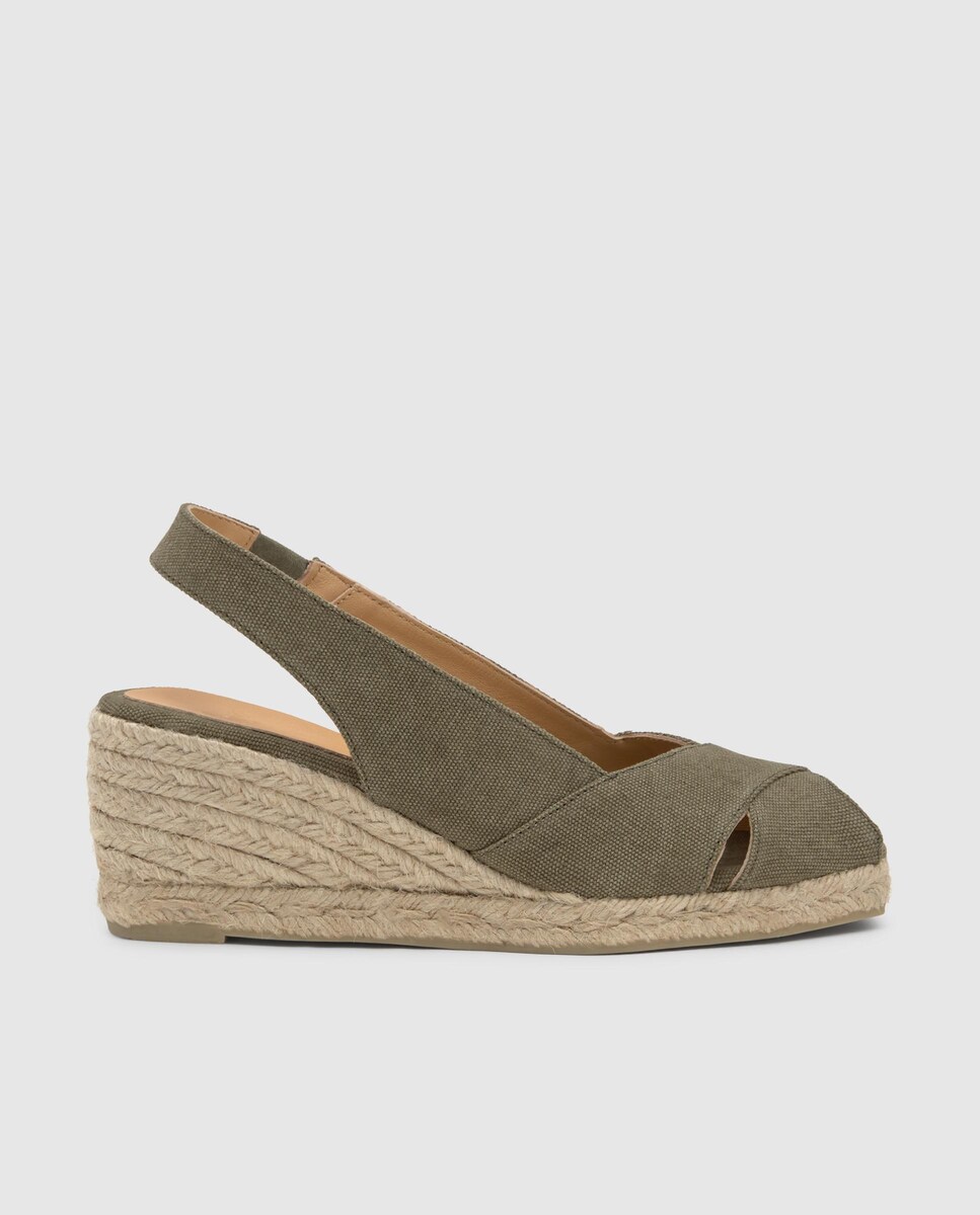 Alpercatas de Cunha com o Calcanhar Aberto Diana Estilo Peep-toe em Algodão Orgânico Lavado Verde Azeitona-1