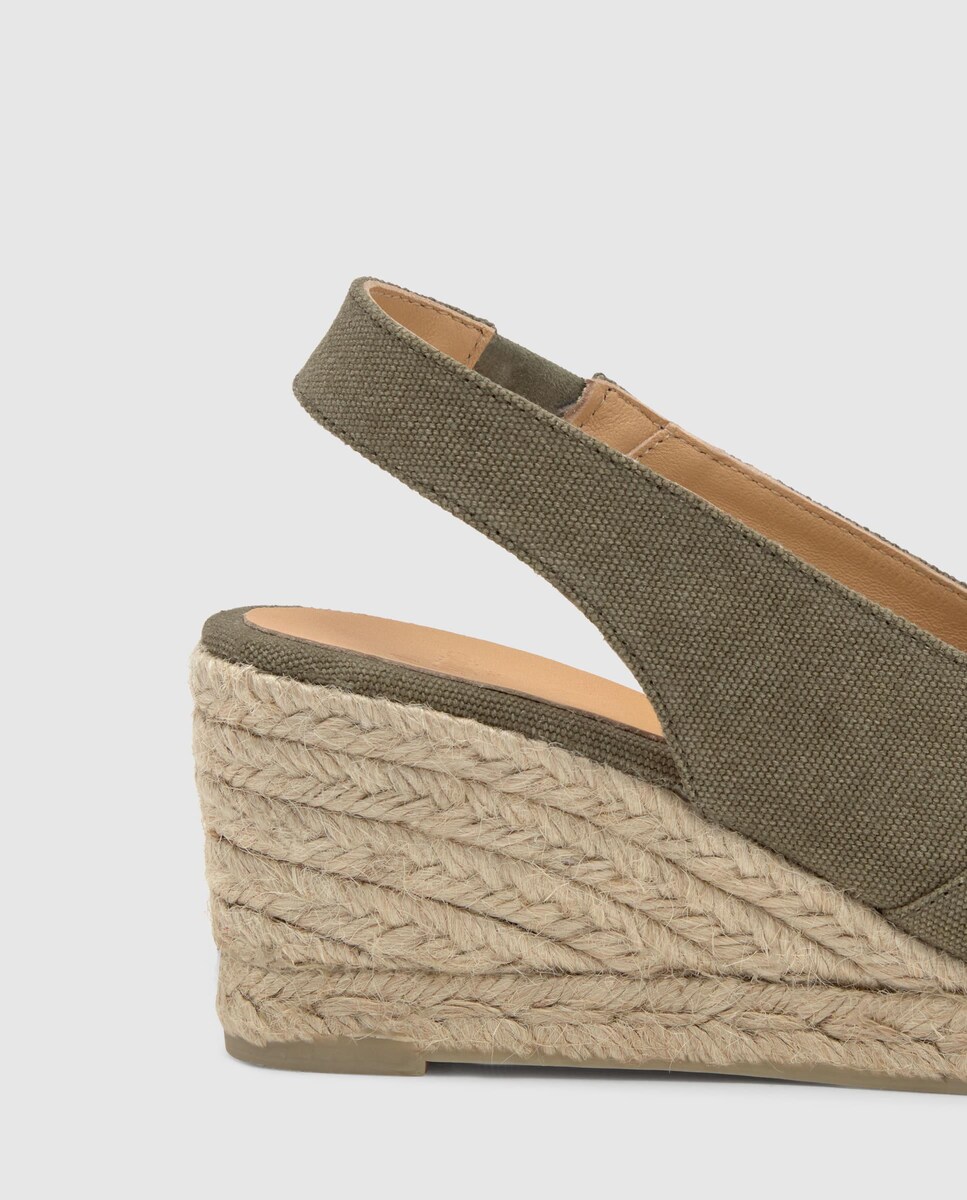 Alpercatas de Cunha com o Calcanhar Aberto Diana Estilo Peep-toe em Algodão Orgânico Lavado Verde Azeitona-4