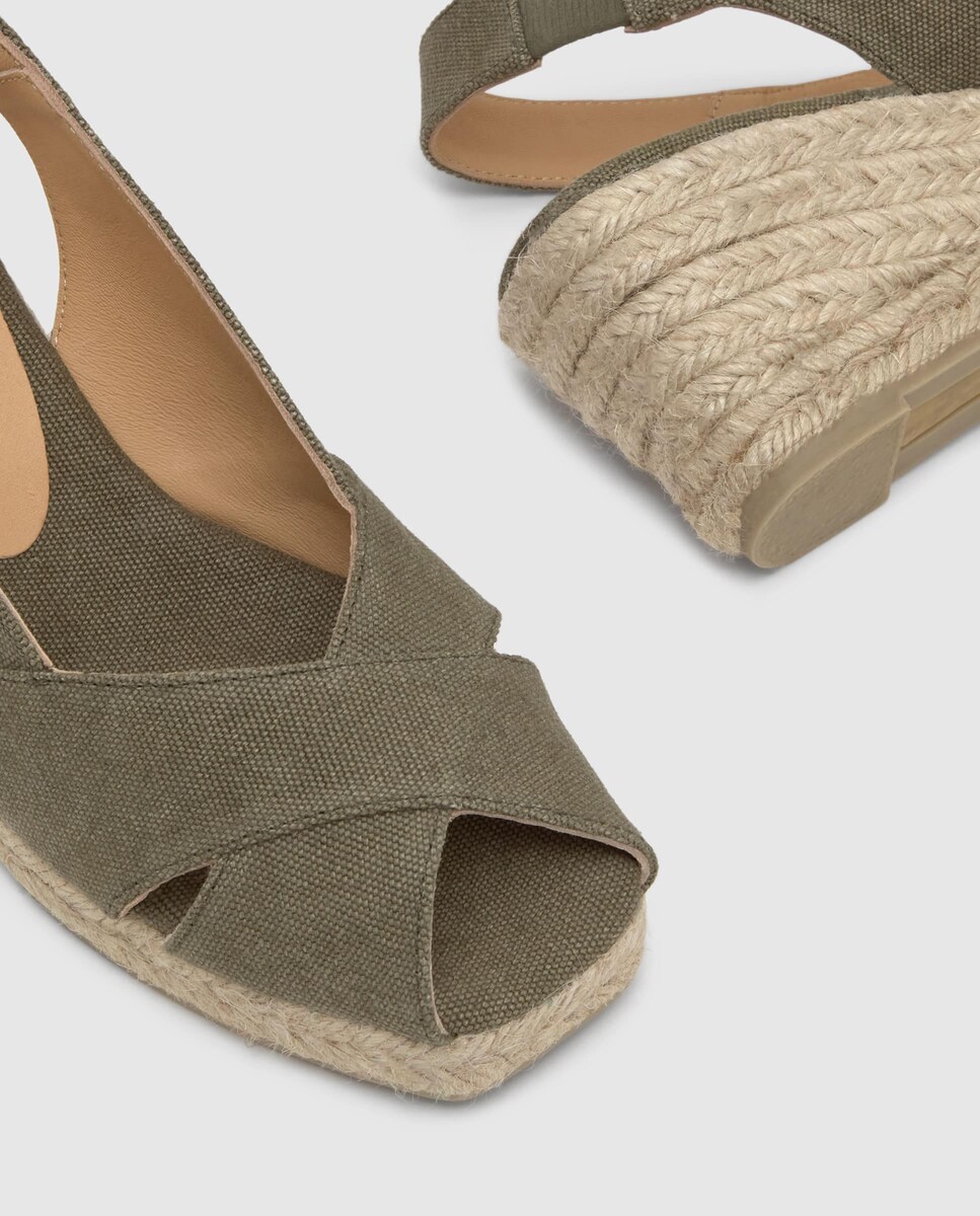 Alpercatas de Cunha com o Calcanhar Aberto Diana Estilo Peep-toe em Algodão Orgânico Lavado Verde Azeitona-5