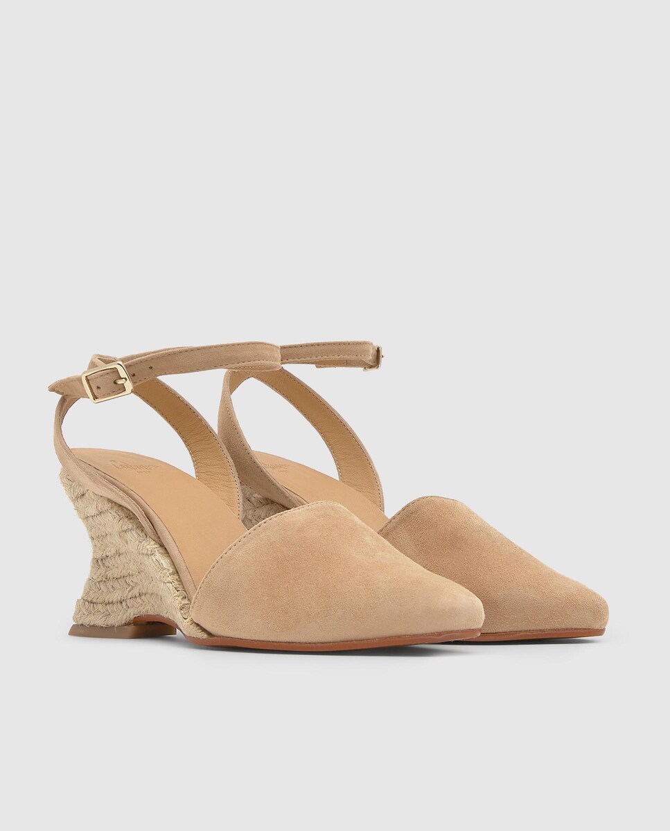 Alpercatas de Cunha Judi em Camurça com Biqueira Afiada e Fecho de Pulseira Bege-3