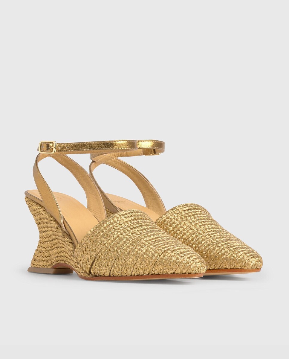 Alpercatas de Cunha Julia Entrançada e Biqueira Afiada Dourado-2