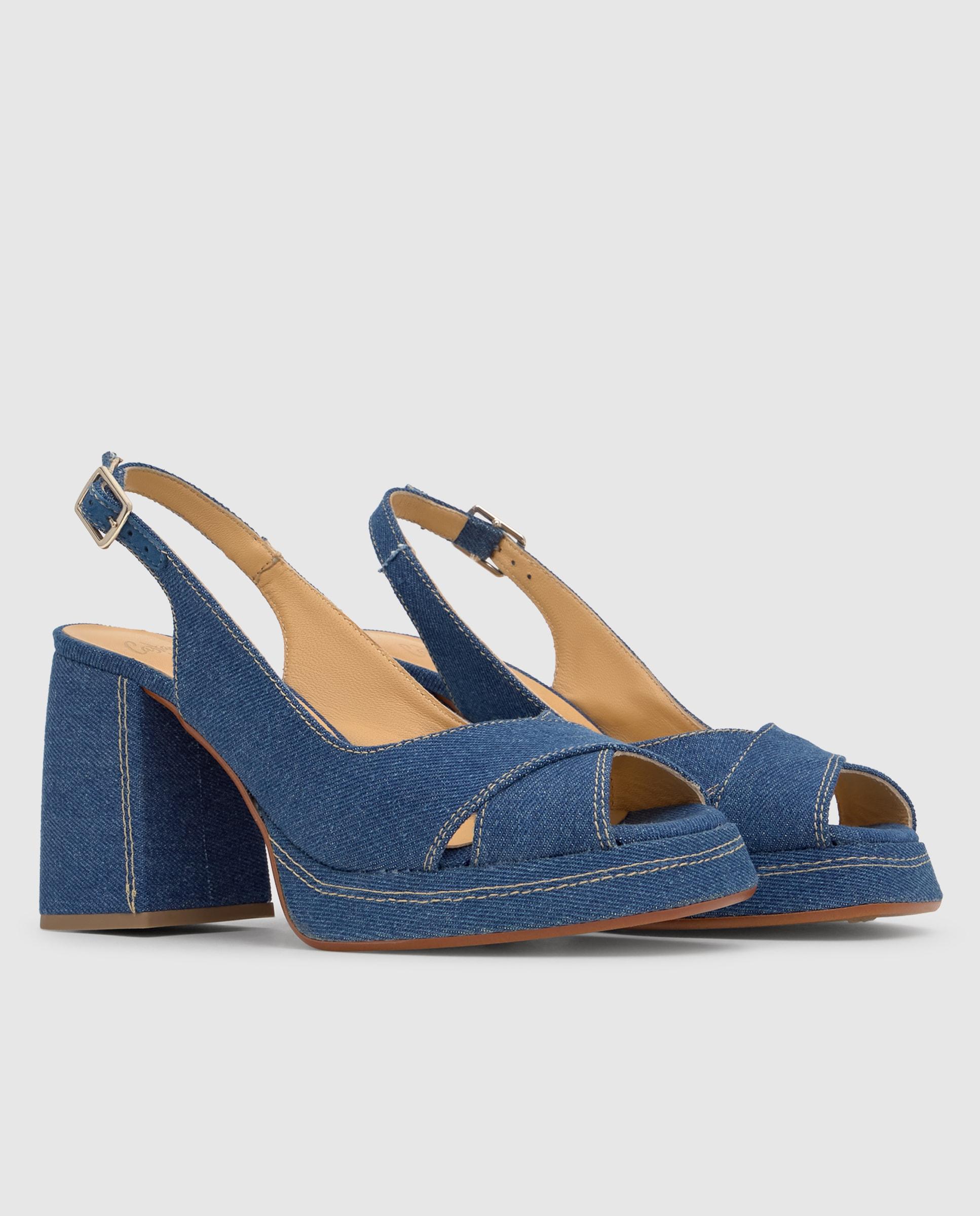 Sandálias de Salto com o Calcanhar Aberto Vania Estilo Peep-toe em Denim Azul denim-3