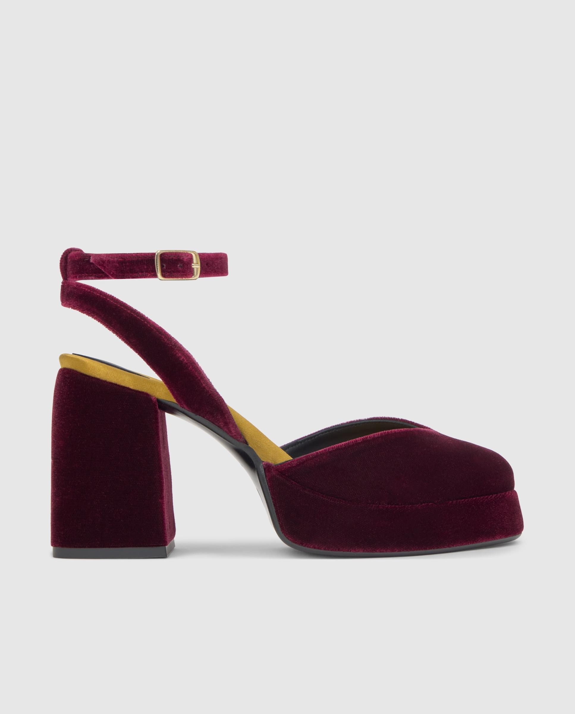 Sapatos de Salto em Veludo com Fecho de Fivela Bordeaux-1
