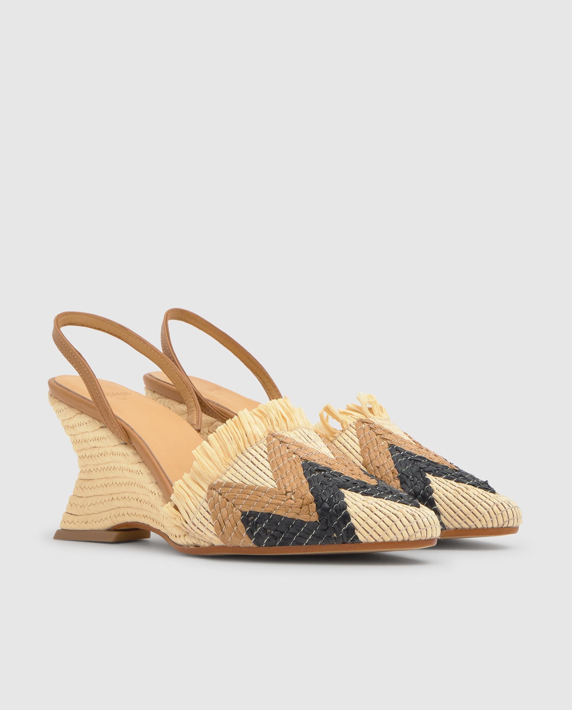 Mules de Salto com o Calcanhar Aberto Johana em Ráfia Natural Bordada Multicolor-3