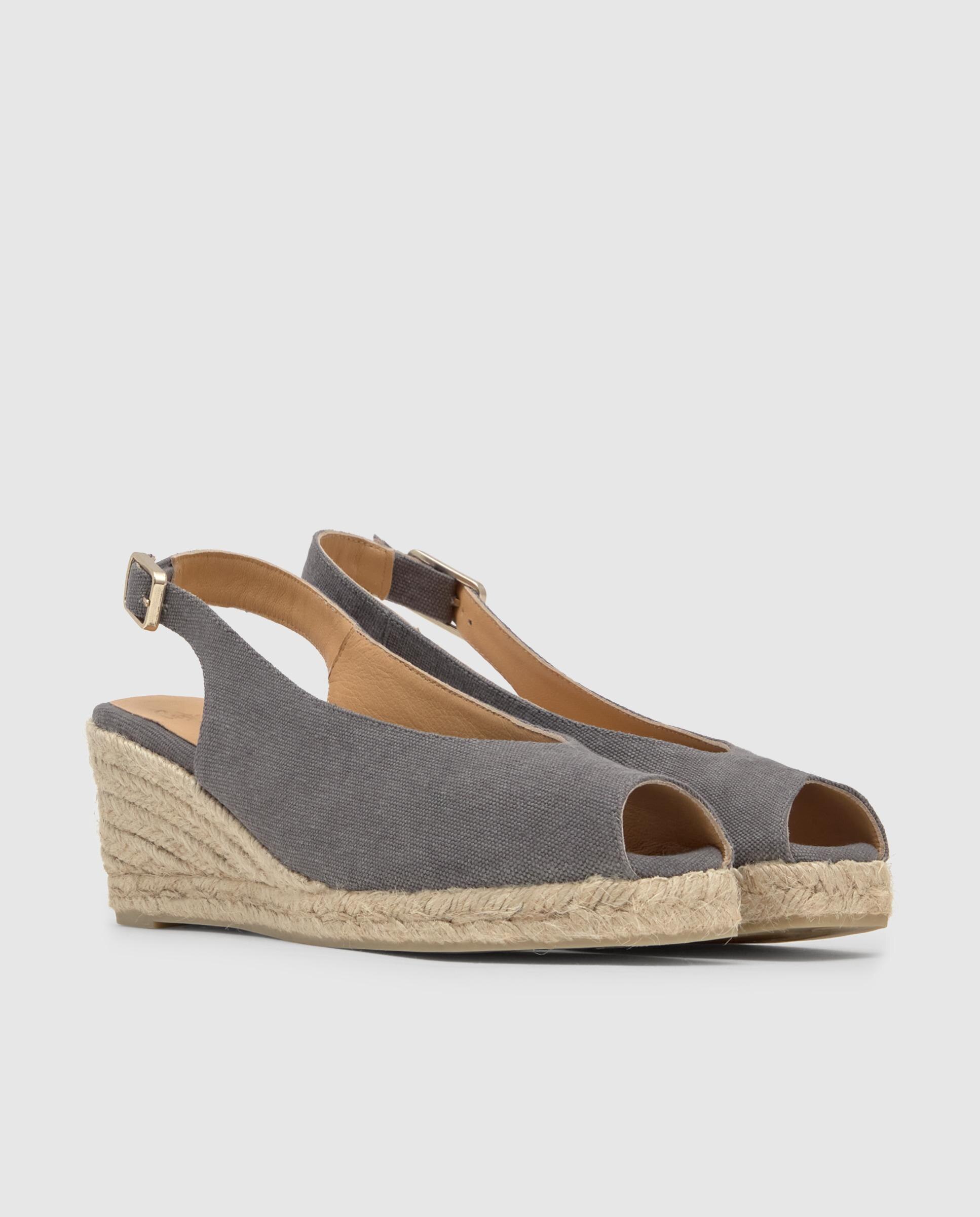 Alpercatas de Cunha com o Calcanhar Aberto Diana Estilo Peep-toe em Algodão Orgânico Lavado Cinzento-escuro-3