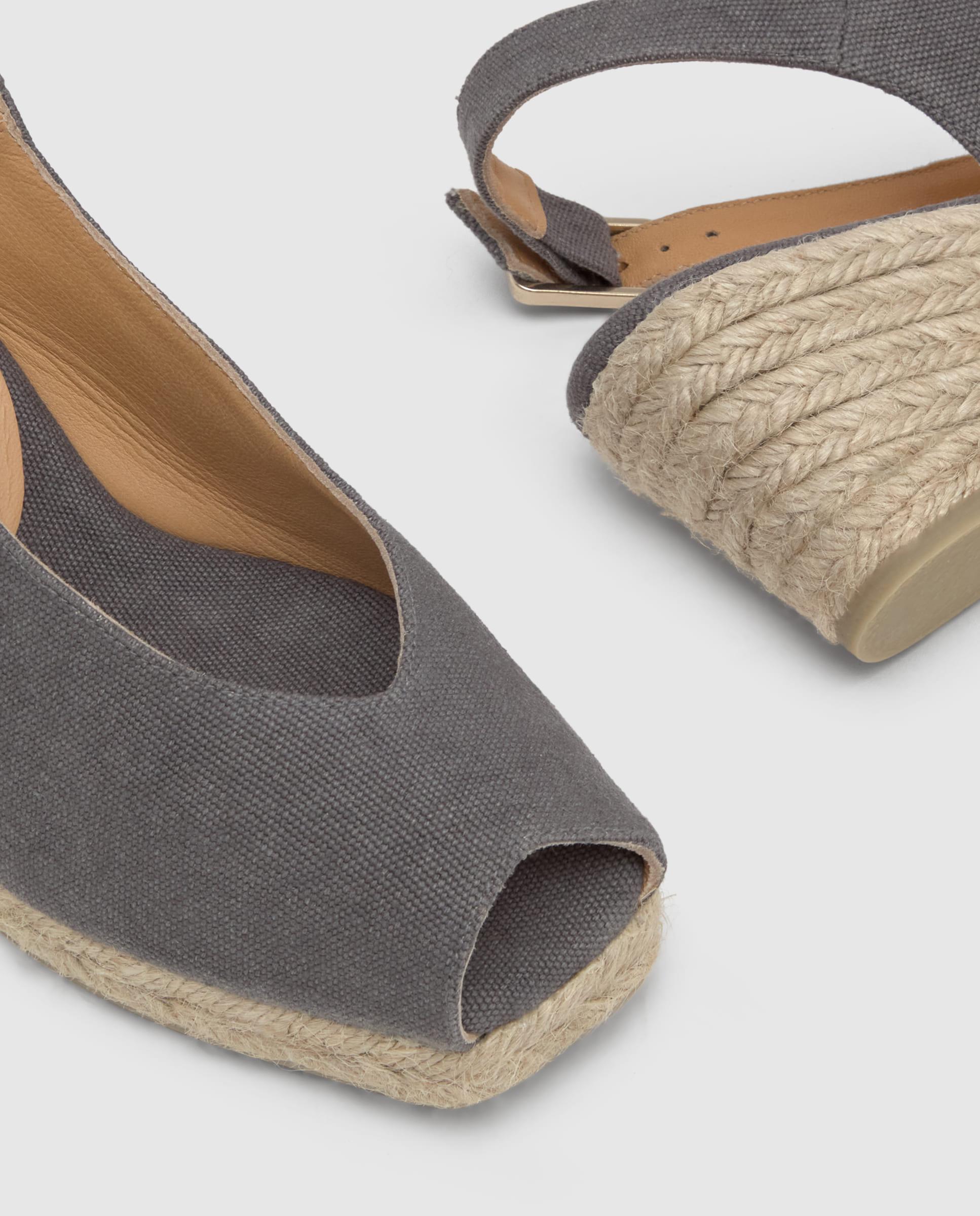 Alpercatas de Cunha com o Calcanhar Aberto Diana Estilo Peep-toe em Algodão Orgânico Lavado Cinzento-escuro-5