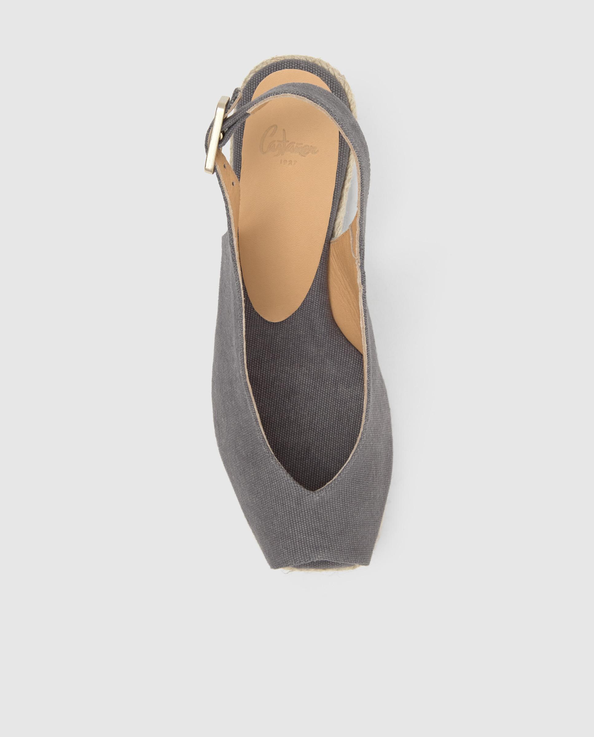 Alpercatas de Cunha com o Calcanhar Aberto Diana Estilo Peep-toe em Algodão Orgânico Lavado Cinzento-escuro-6