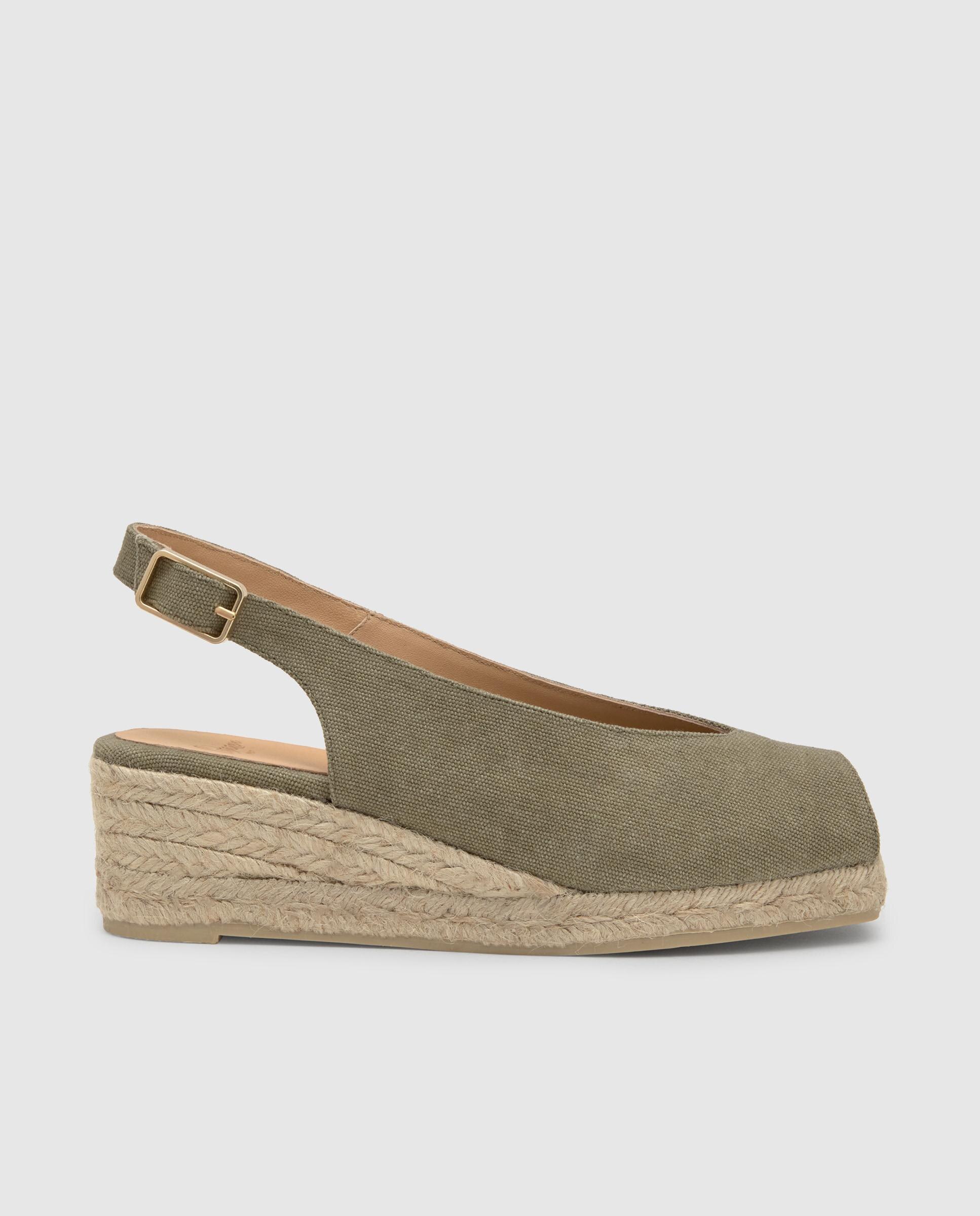 Alpercatas de Cunha com o Calcanhar Aberto Diana Estilo Peep-toe em Algodão Orgânico Lavado Caqui-1