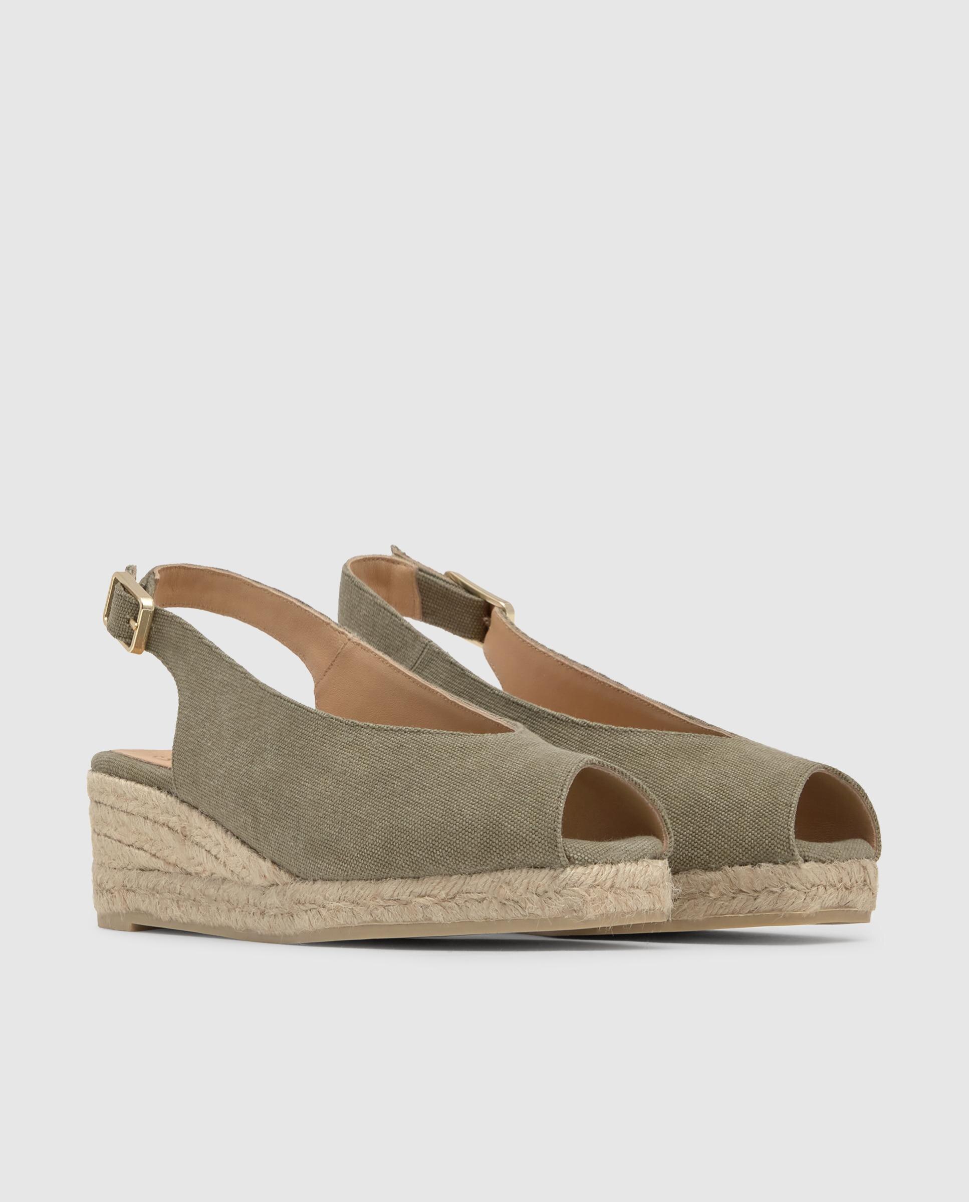 Alpercatas de Cunha com o Calcanhar Aberto Diana Estilo Peep-toe em Algodão Orgânico Lavado Caqui-3