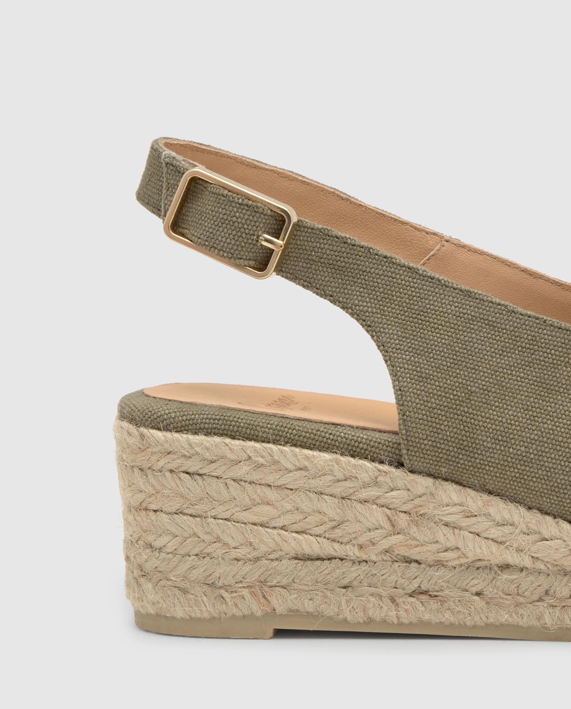 Alpercatas de Cunha com o Calcanhar Aberto Diana Estilo Peep-toe em Algodão Orgânico Lavado Caqui-4