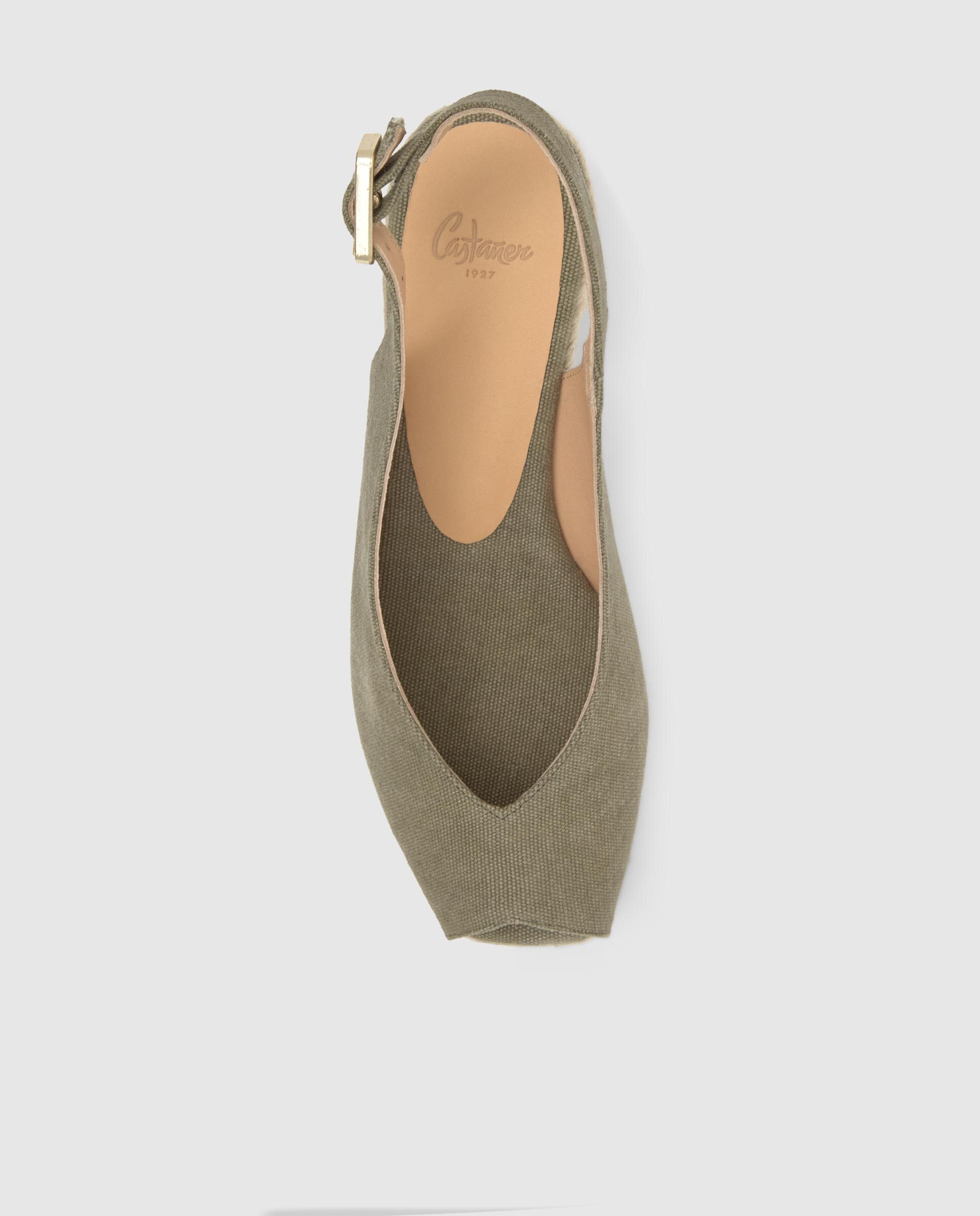 Alpercatas de Cunha com o Calcanhar Aberto Diana Estilo Peep-toe em Algodão Orgânico Lavado Caqui-6