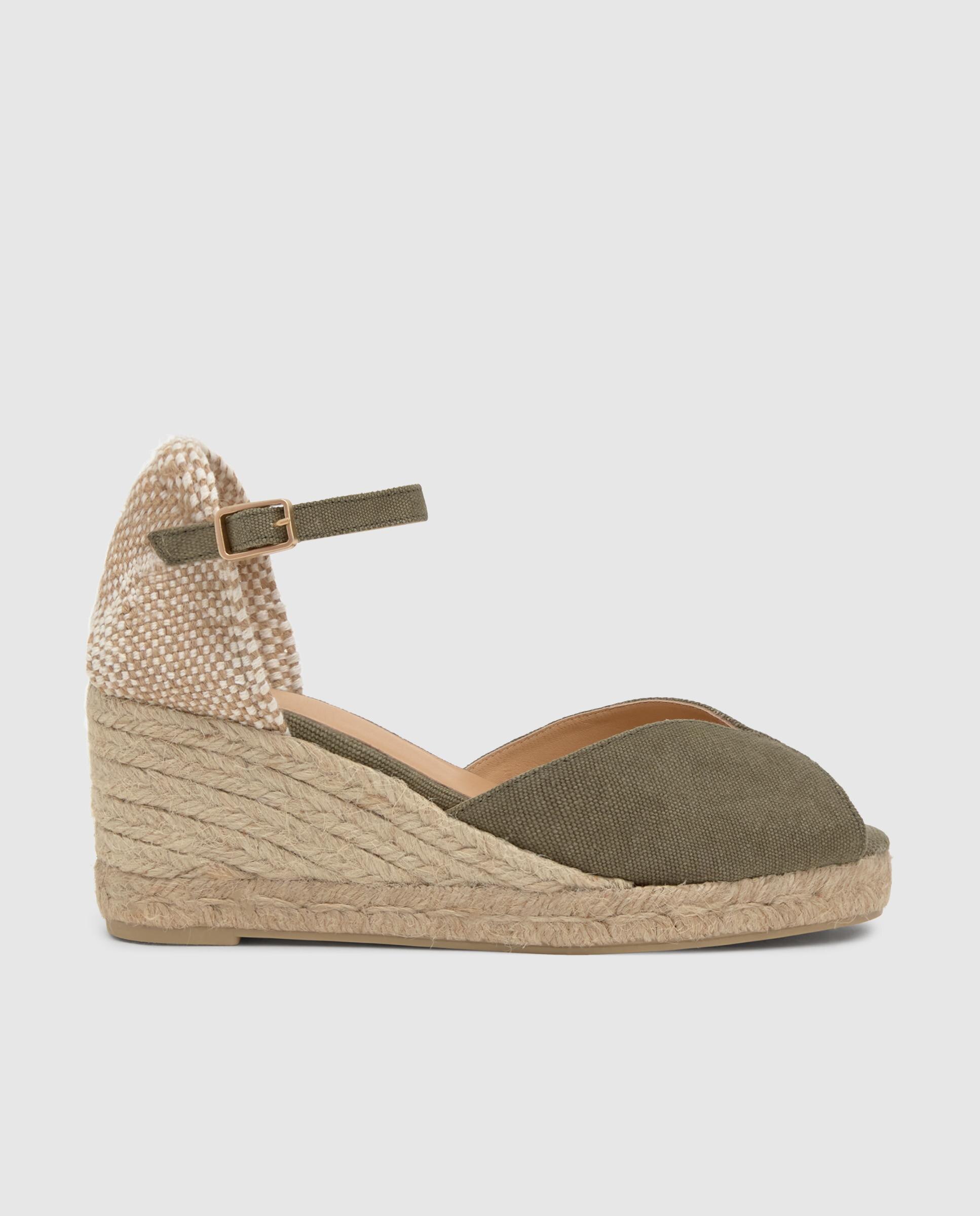 Sandálias de Cunha Bianca Estilo Peep-toe em Algodão Orgânico Lavado Caqui-1