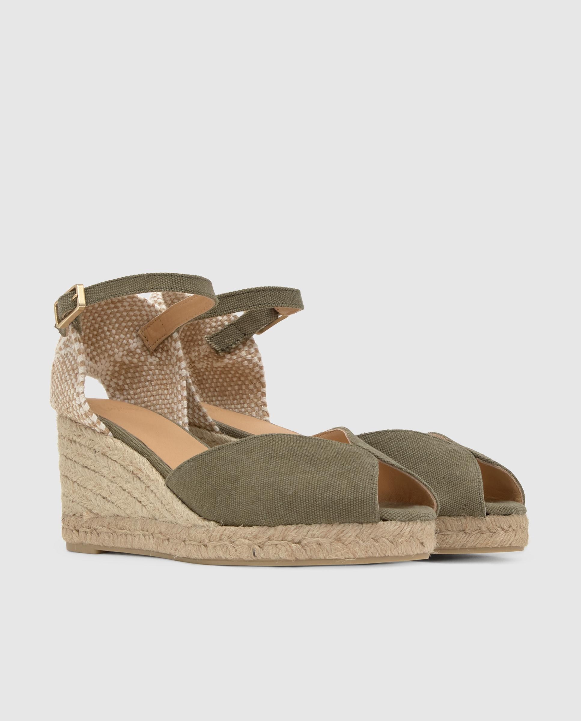 Sandálias de Cunha Bianca Estilo Peep-toe em Algodão Orgânico Lavado Caqui-3
