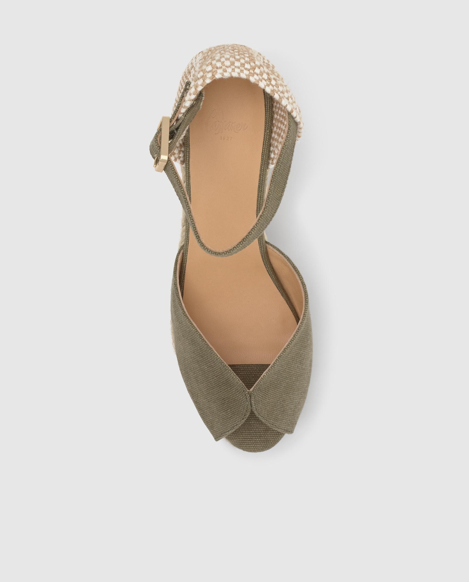 Sandálias de Cunha Bianca Estilo Peep-toe em Algodão Orgânico Lavado Caqui-6