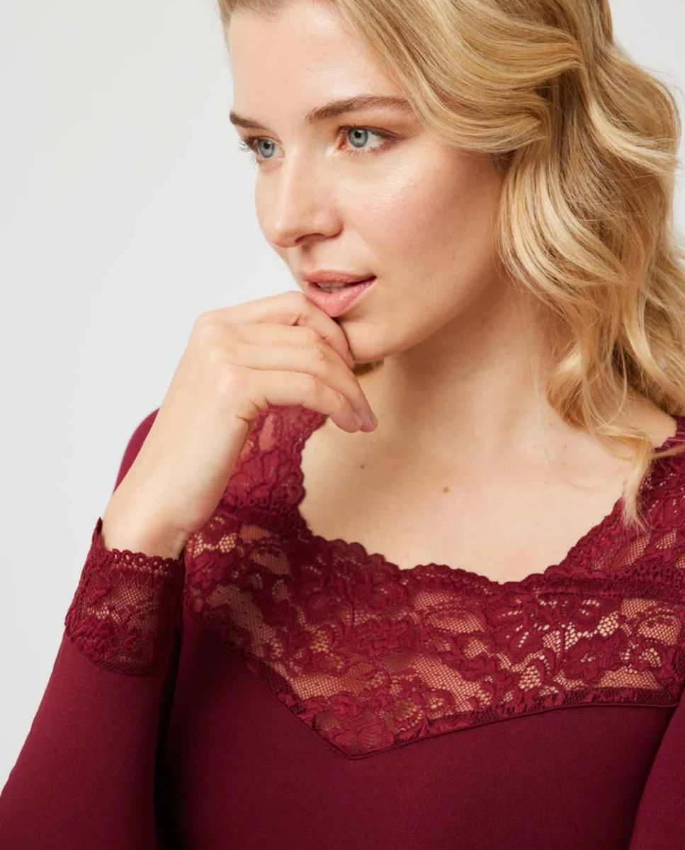 Térmico T-shirt com Renda de Manga Comprida Grená-2